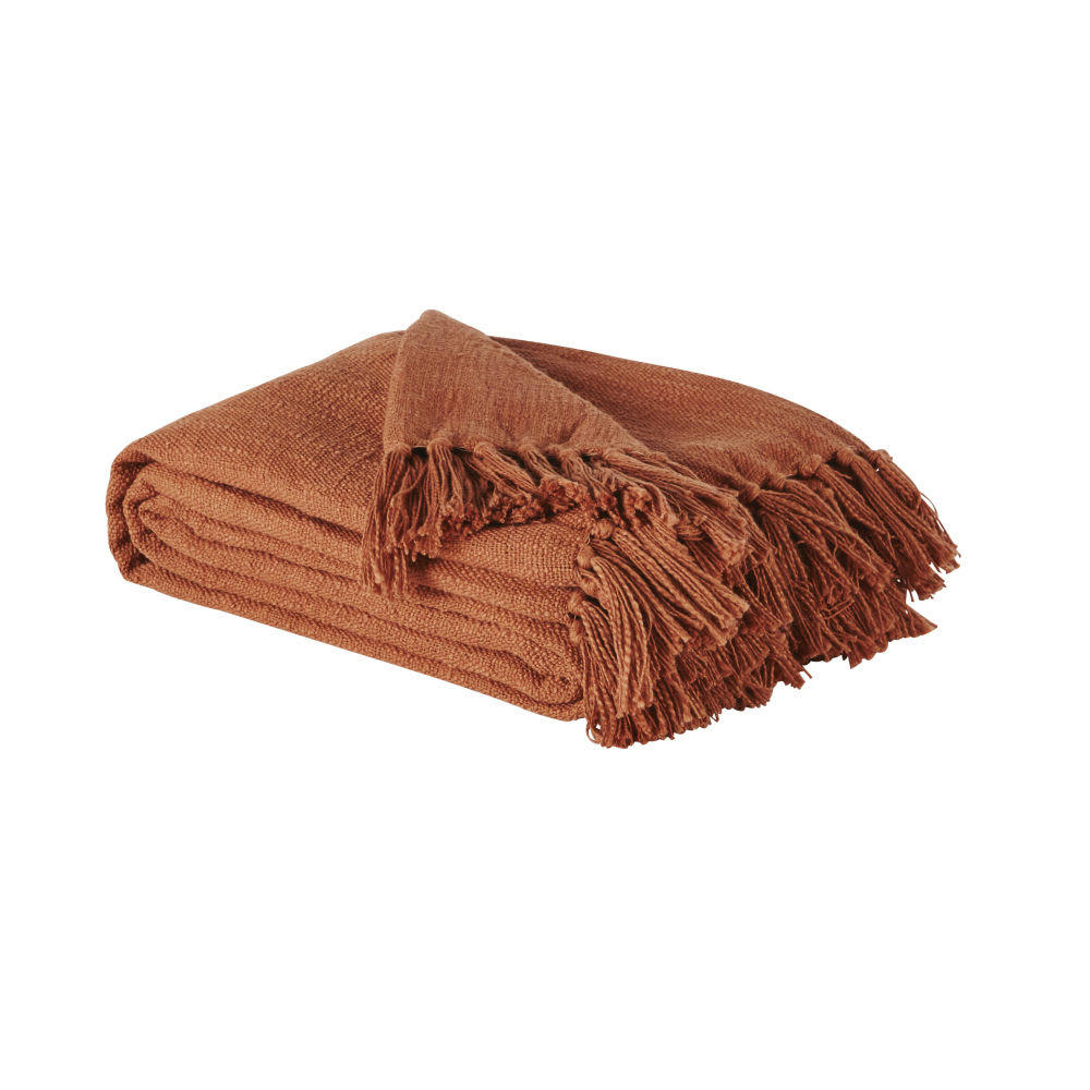 LIMANA - Plaid en coton recyclé terracotta avec pompons 160x210