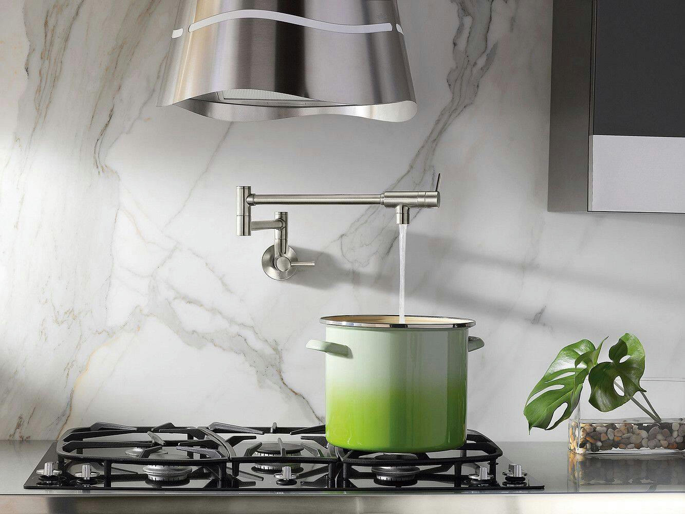 Moen® Modern Double Handle Swing Arm Wall Mount Pot Filler Kitchen Faucet, Stainless Steel