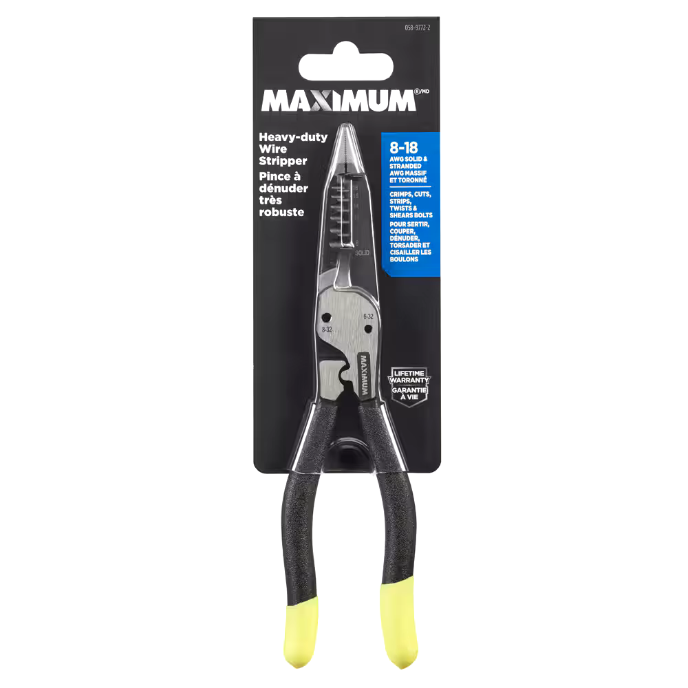 MAXIMUM 5-in-1 Heavy Duty 8-18 Gauge Wire Stripper, Colour Coded Tips, 8-in