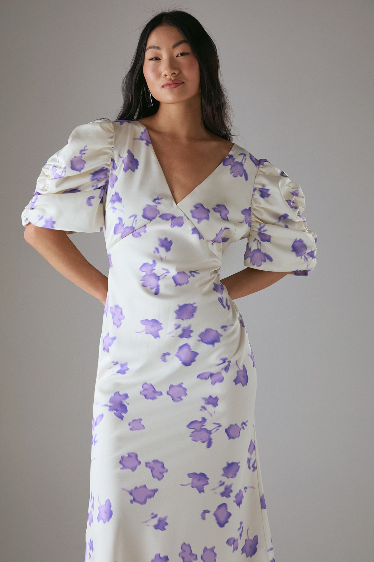 Warehouse Petite Satin Pleat Volume Sleeve Plunge Bias Midi Dress