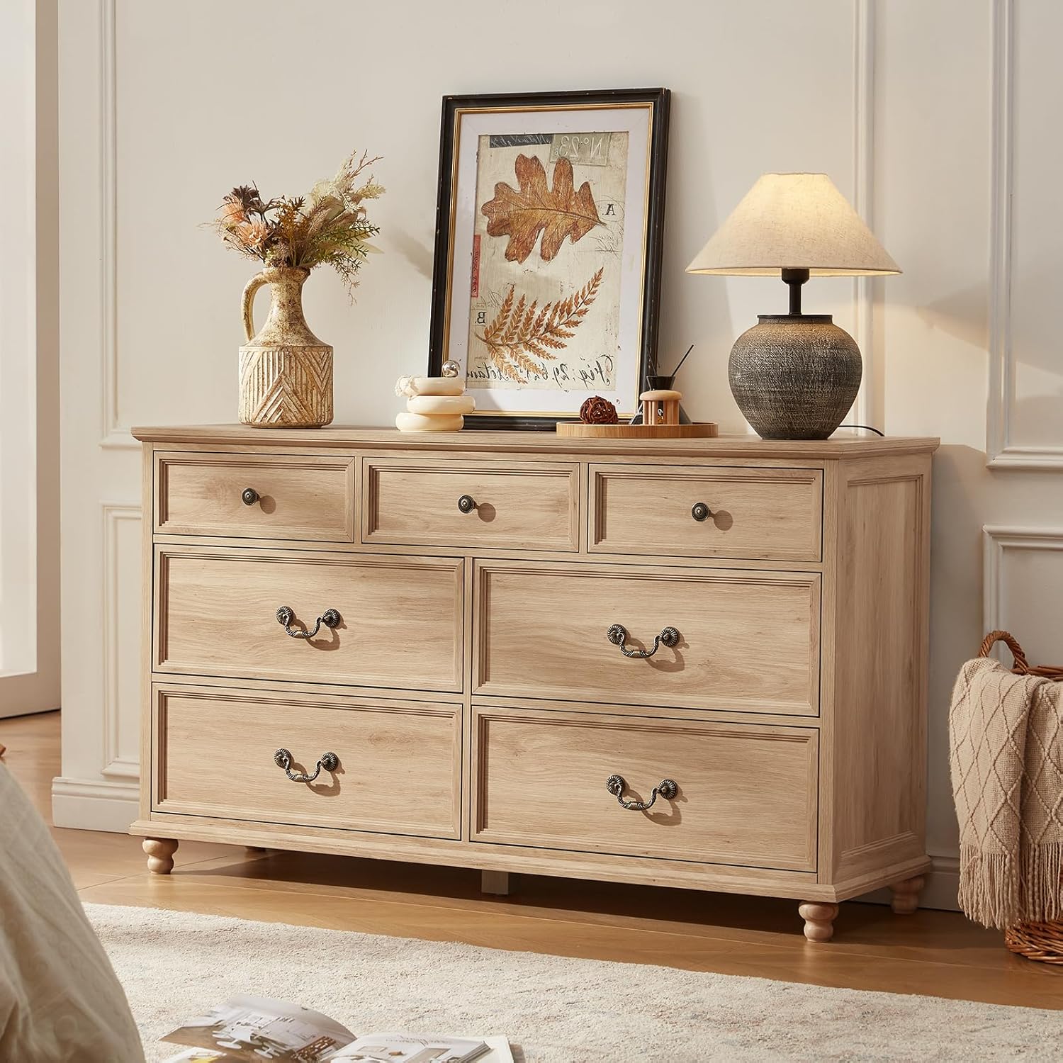 Farmhouse 54 7 Drawers Dresser for Bedroom, Wide Chest of Drawers w/ 4 Wooden Legs, Vintage Rustic Large Closet Storage Dressers Organizer for Hallway, Wood TV Stand for Living Room, Natural