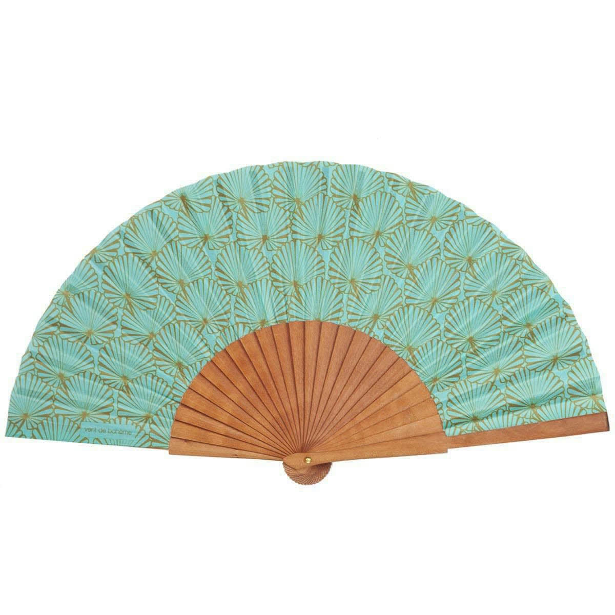 TROPICAL - Éventail en bois de merisier et coton motif turquoise