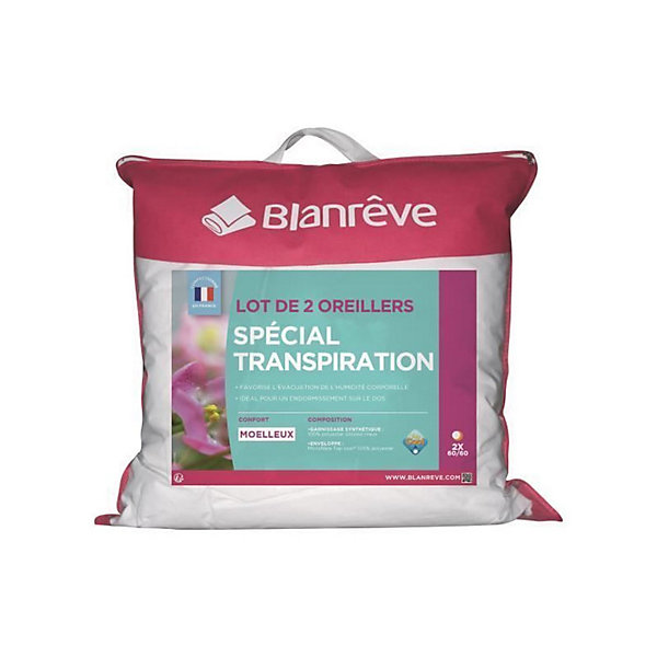 BLANREVE Lot de 2 Oreillers Special Transpiration - 60 x 60 cm - Blanc