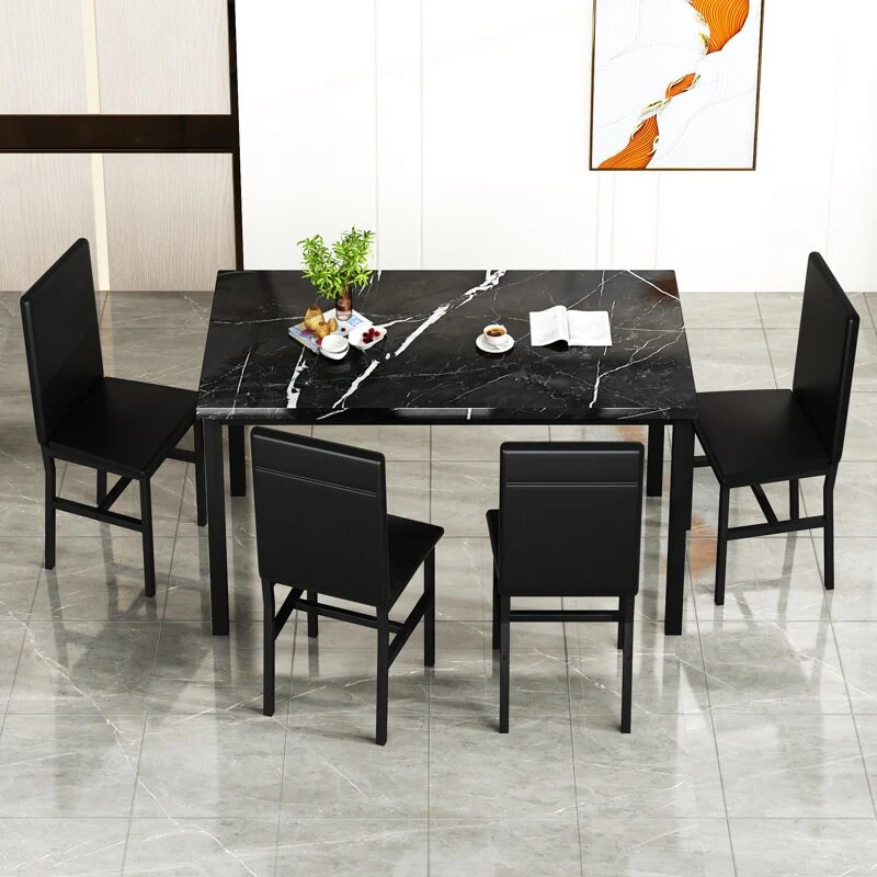 Faux Marble Kitchen Table And Chairs For 4, 4 - Person Dining Set For Small Spaces, Breakfast Nook, Living Room