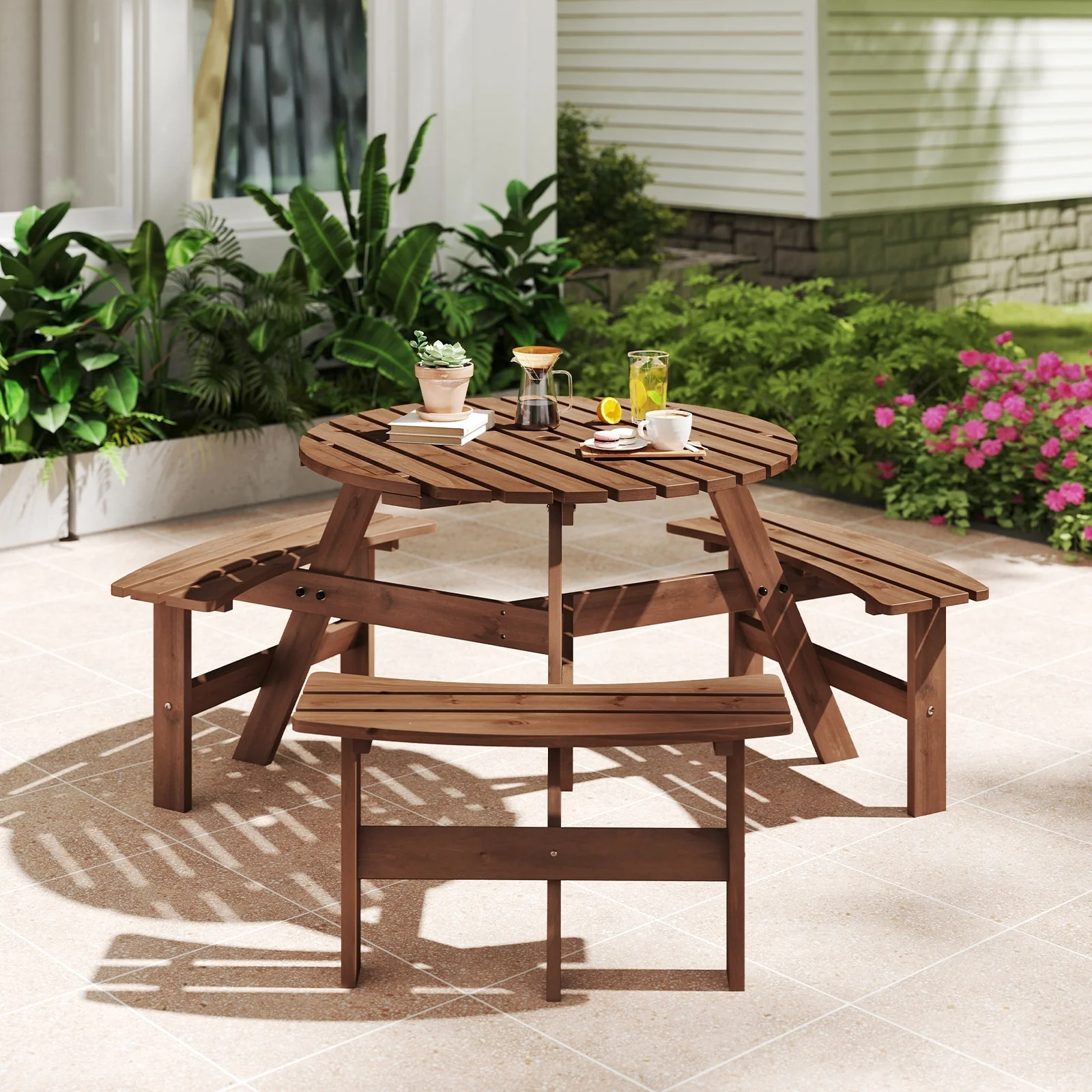 Costway 6-Person Round Picnic Table Set with 3 Built-in Benches 2 - See Details