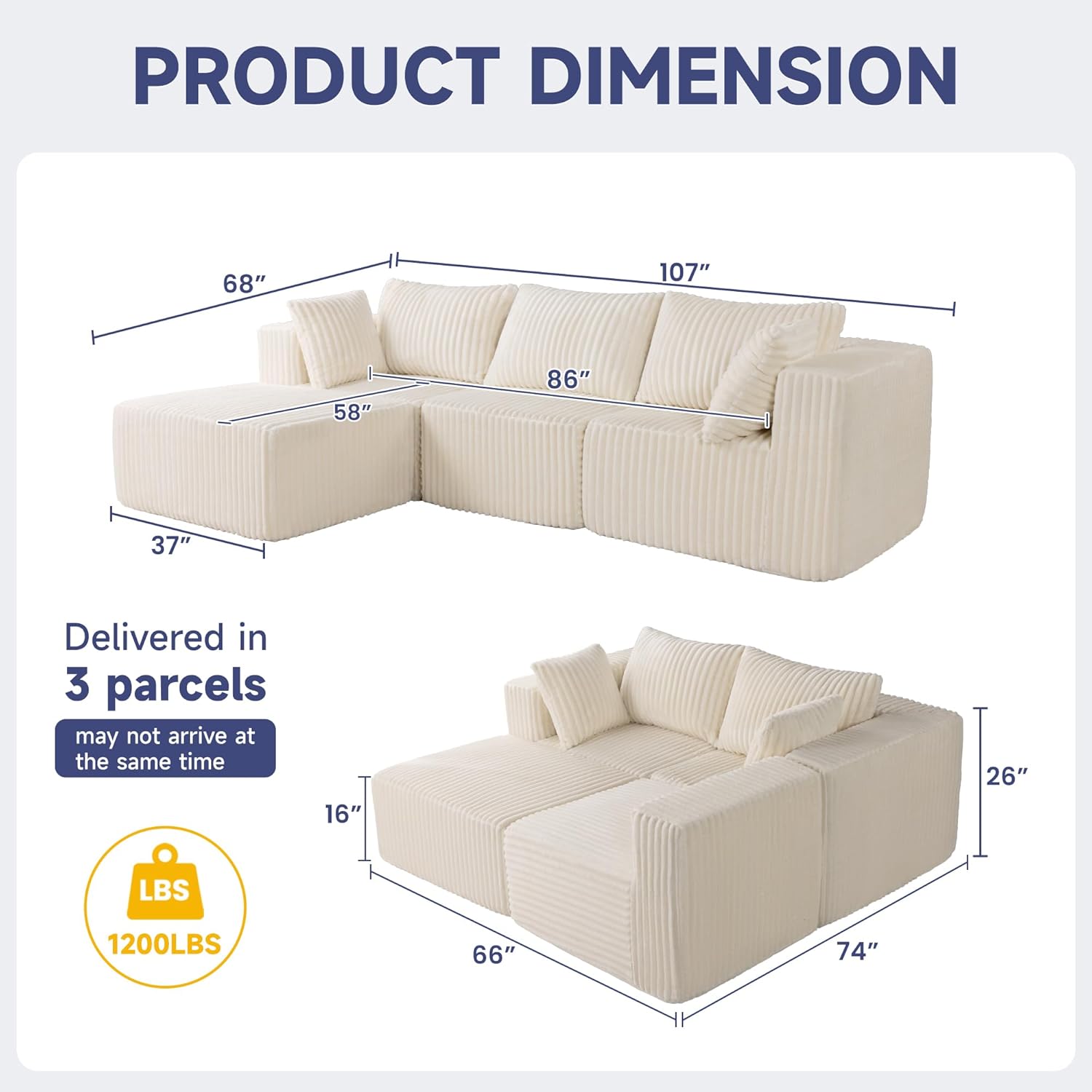 Modular Sectional Sofa, Cloud Couch with Extra-Wide Deep Seats, No-Assembly Plush Corduroy Sleeper Sofa for Living Room or Apartment (Light Cream, L-Shaped:3+1)