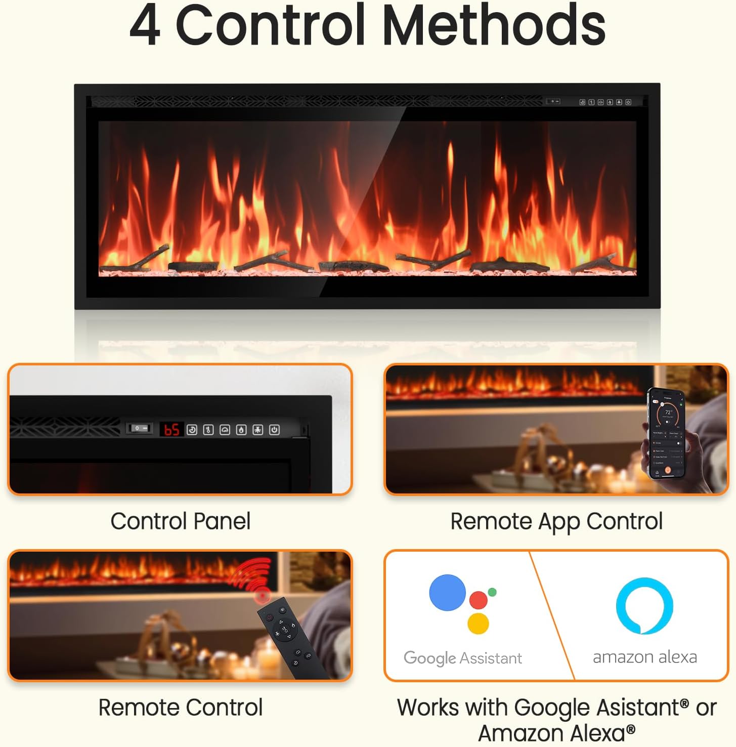 50” Smart Electric Fireplace with Voice Control, Realistic Flame, Crackling Sound, Wall Mounted or Recessed Fireplace Insert, App/Remote Control, Logs & Crystals Included for Living Room,Bedroom