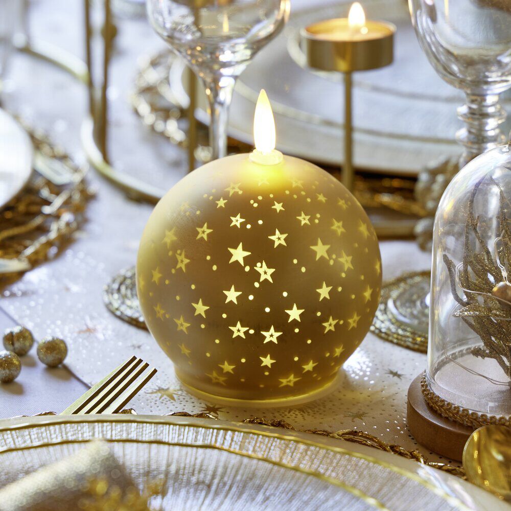 Bougie lumineuse forme boule de No&euml;l en verre doré Ø10xH13cm