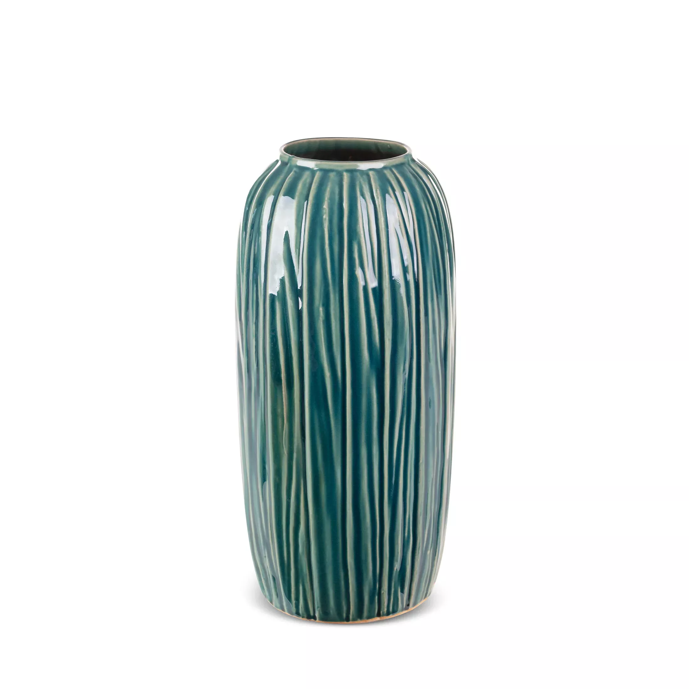 Wazon ceramiczny zielono-beżowyw stylu boho w prążki średnica 17x45 cm