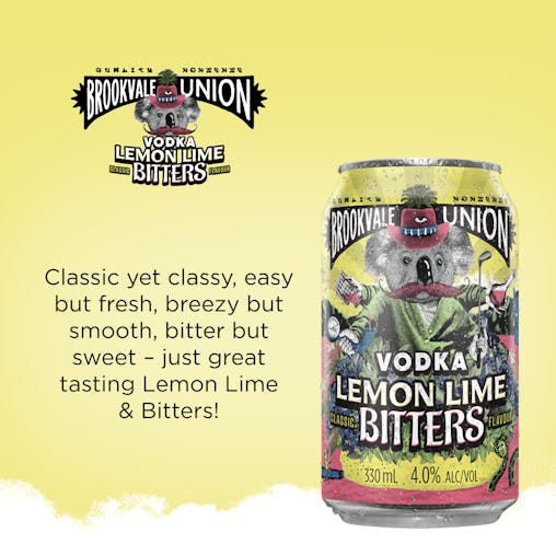 Brookvale Union Vodka Lemon Lime Bitters Mixed Drink, Zesty & Refreshing Finish, 4% ABV, 330mL (Case of 24 Cans)