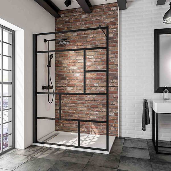 Paroi de douche fixe à l'italienne l.140xH.200cm, Walk In verrière atelier, verre transparent anticalcaire 6mm, profilé noir mat, Schulte NewStyle