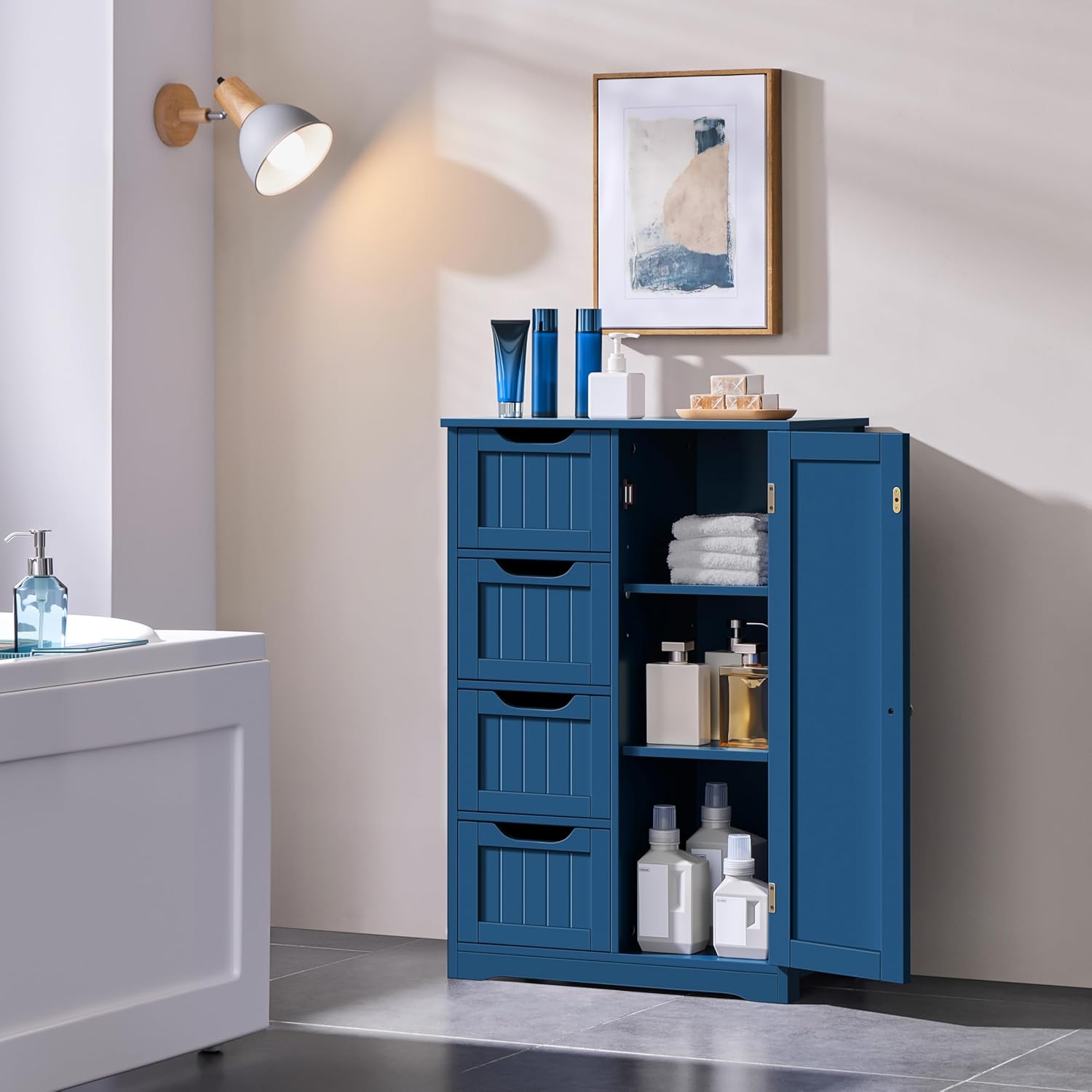 Yaheetech Wooden Bathroom Floor Cabinet, Side Storage Organizer Cabinet with 4 Drawers and 1 Cupboard, Freestanding Entryway Storage Unit Console Table, Bathroom Furniture Home Decor, Navy Blue