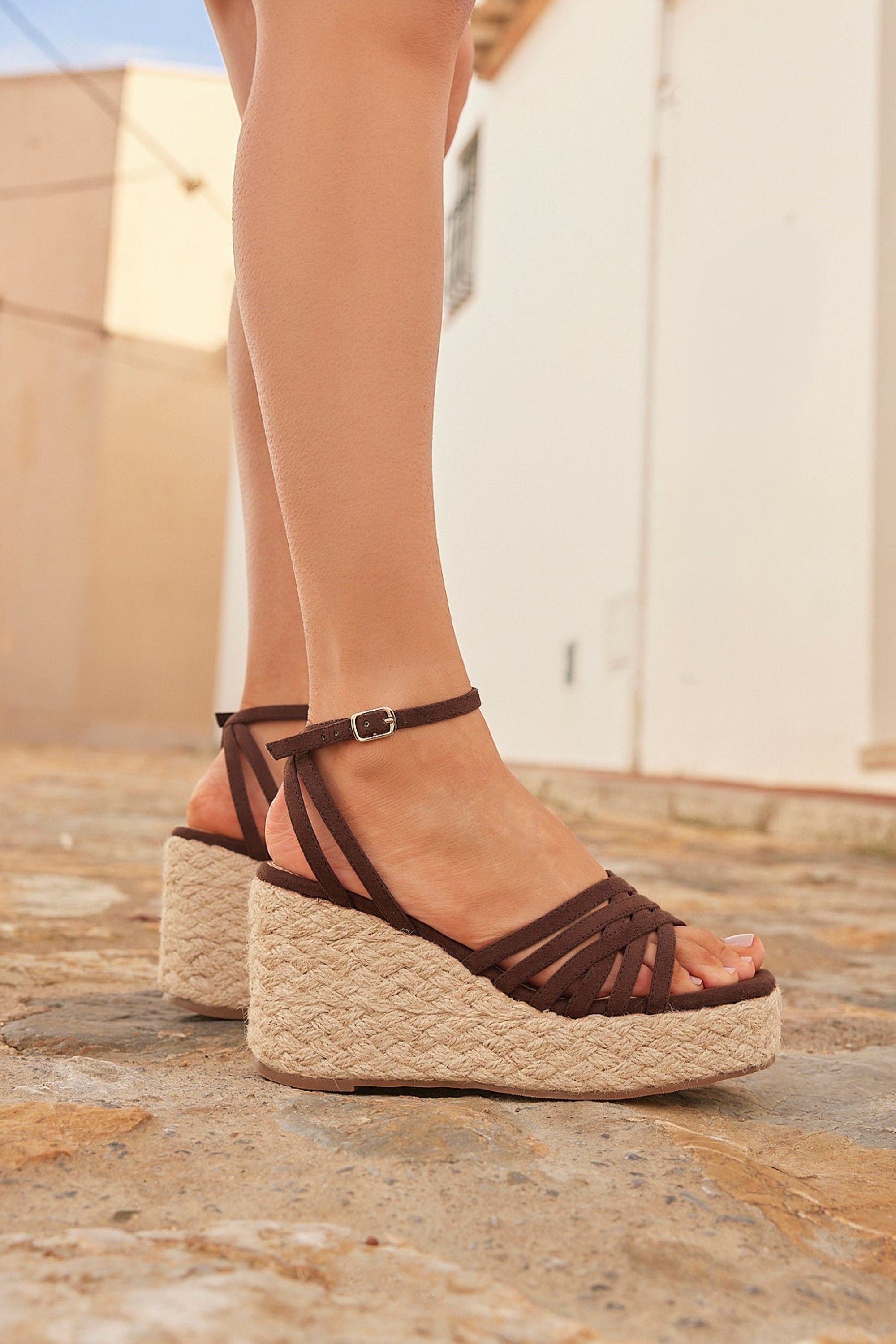 Linzi Moment Brown Faux Suede Wedge Sandals