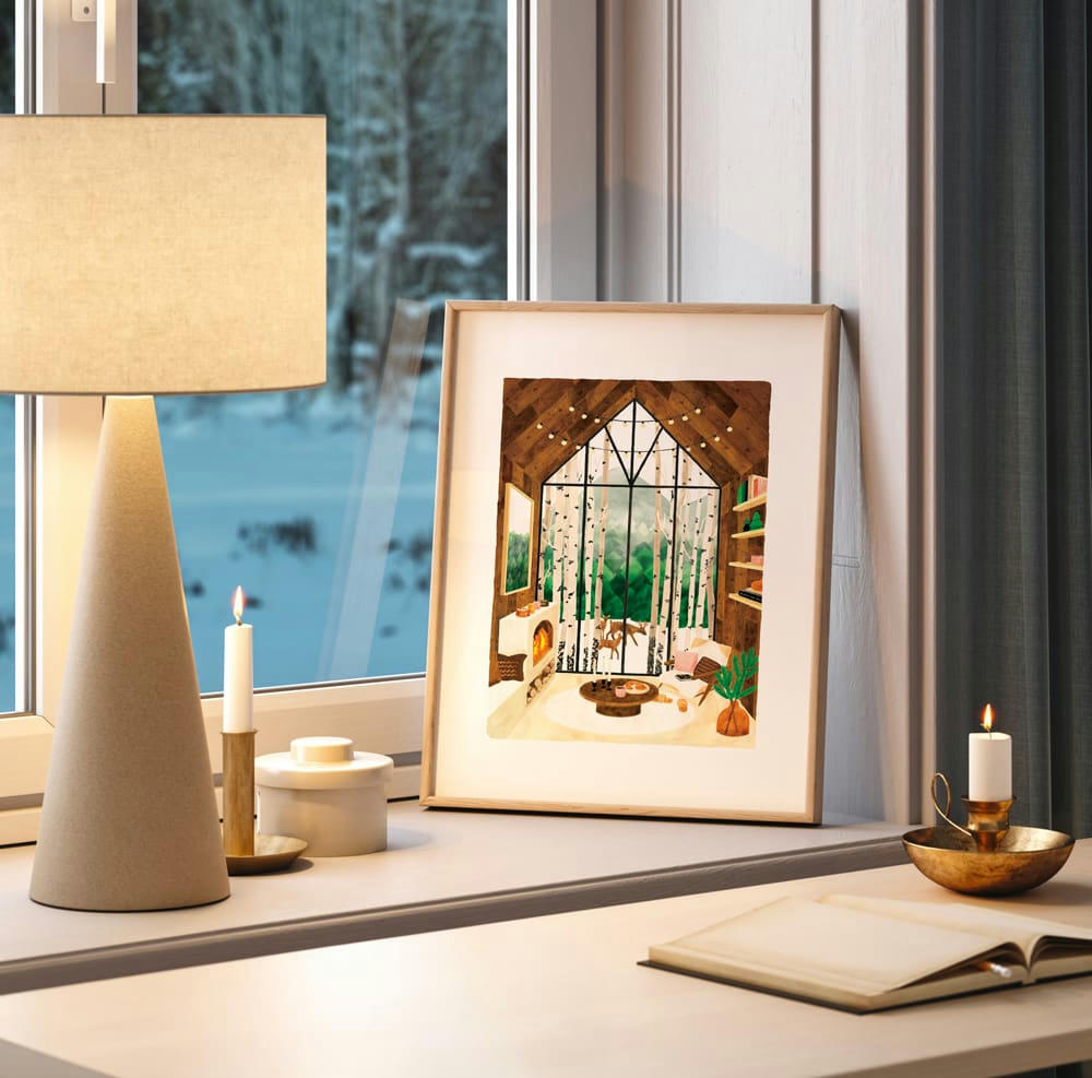 - Affiche illustrée d’un chalet sous la neige en Laponie 30x40 cm