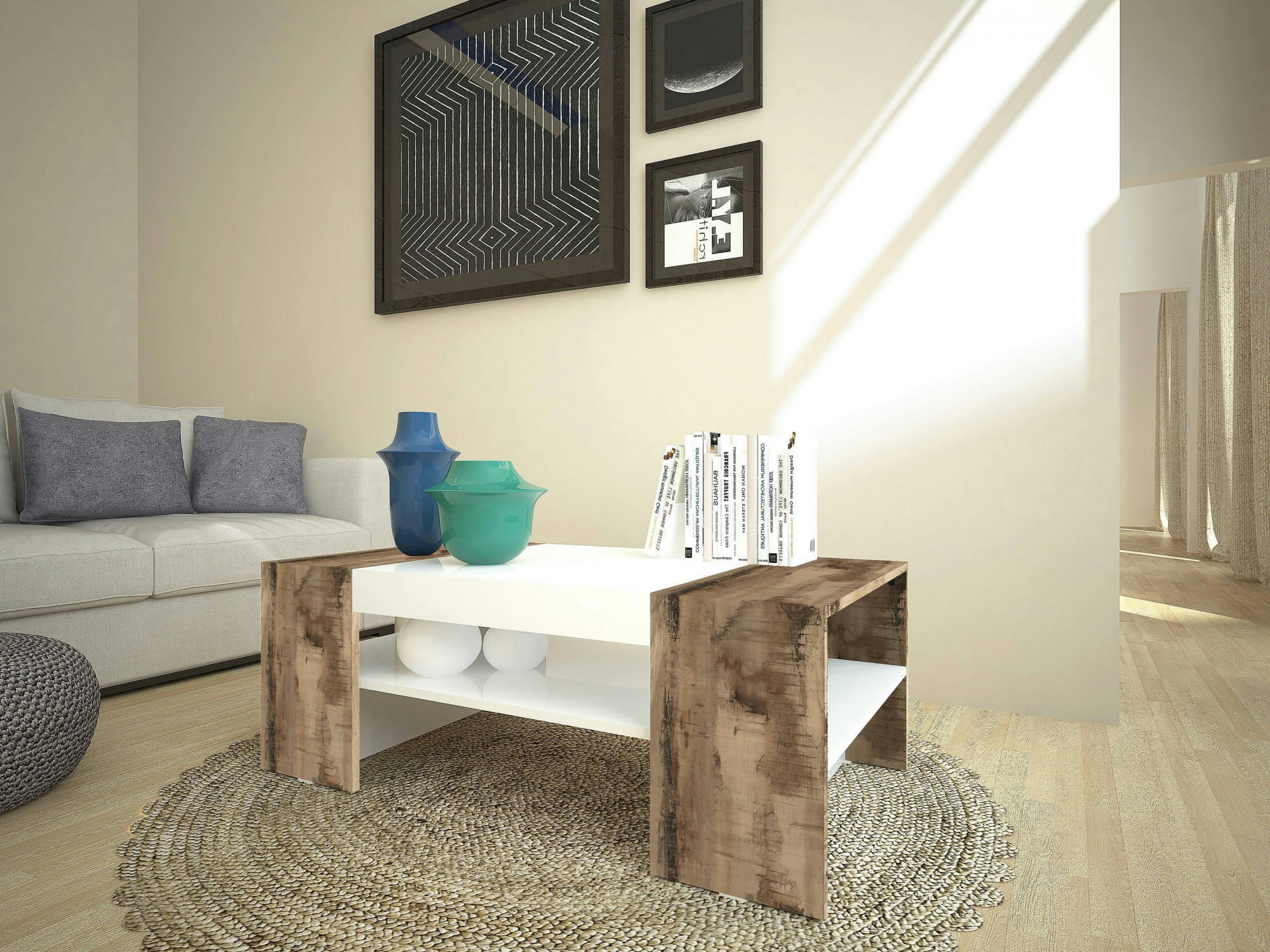 - Table basse effet bois blanc