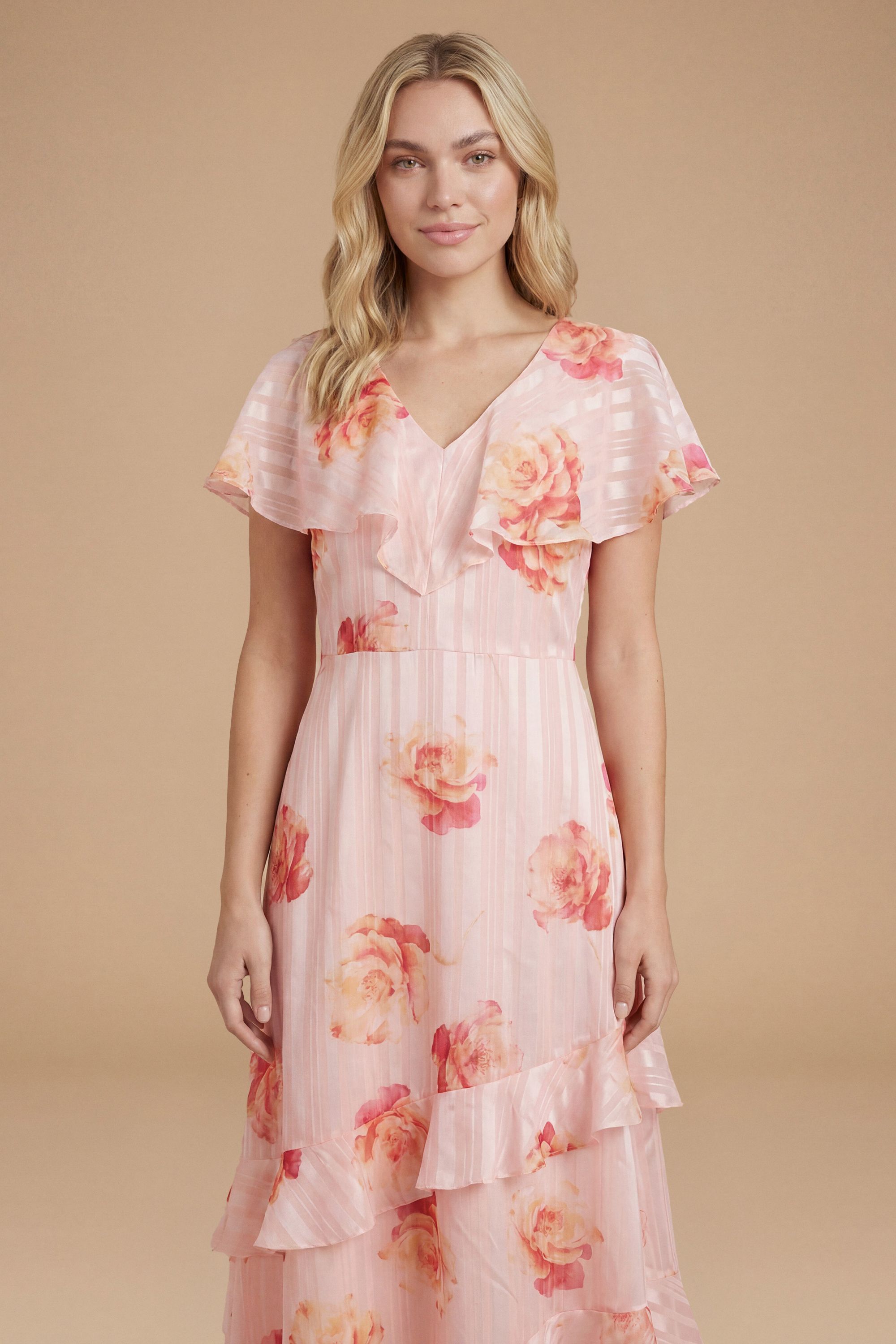 Dorothy Perkins Floral DP Luxe Pink Floral Cape Ruffle Midi Dress