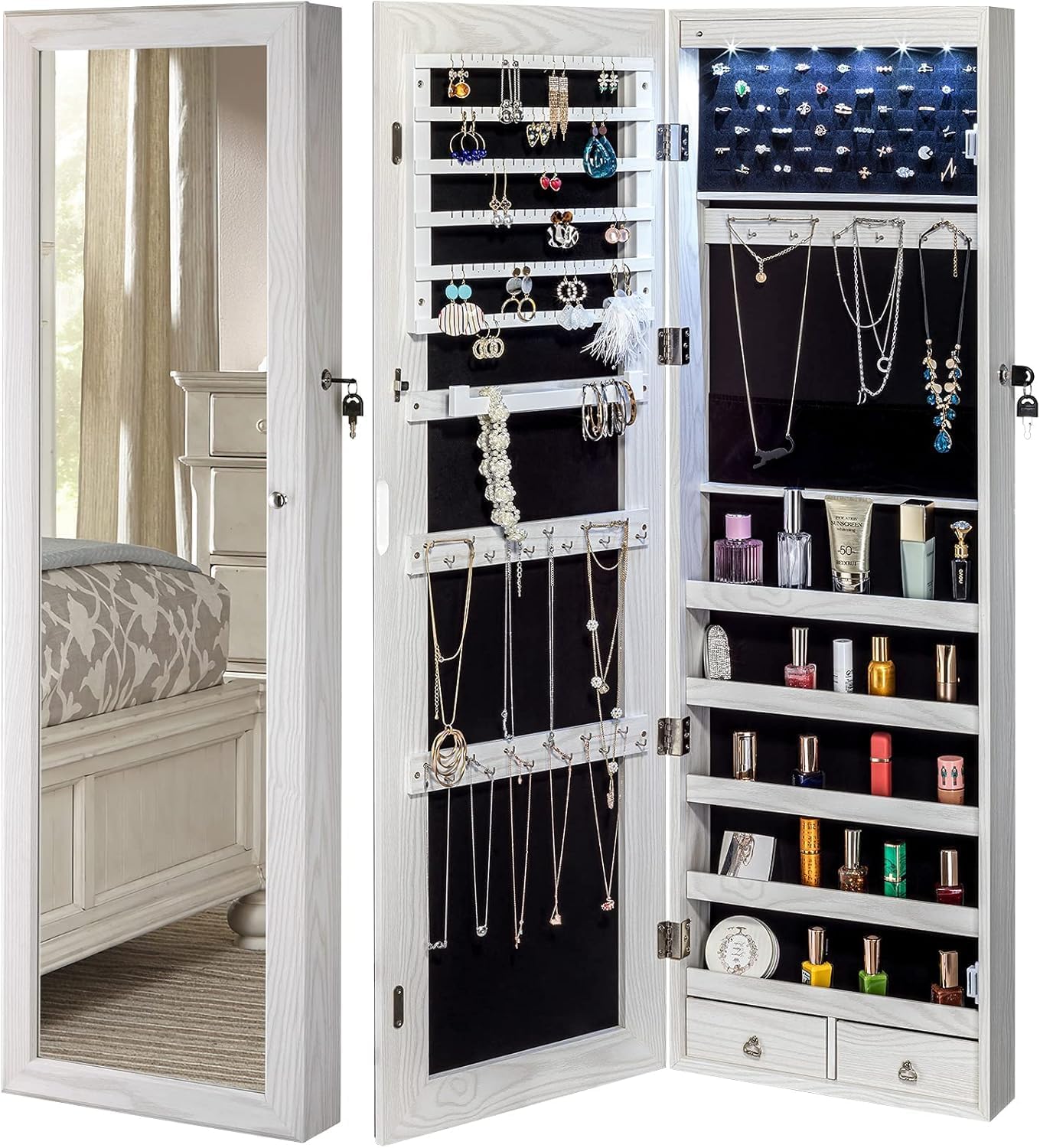 BTEXPERT 47 Mirror Jewelry Cabinet Armoire with 6 LED Lights, Large Full Length Jewelry Organizer with Storage, Wall-Mounted or Door-Hanging Mirror Cabinet, Dove White, Lock Key