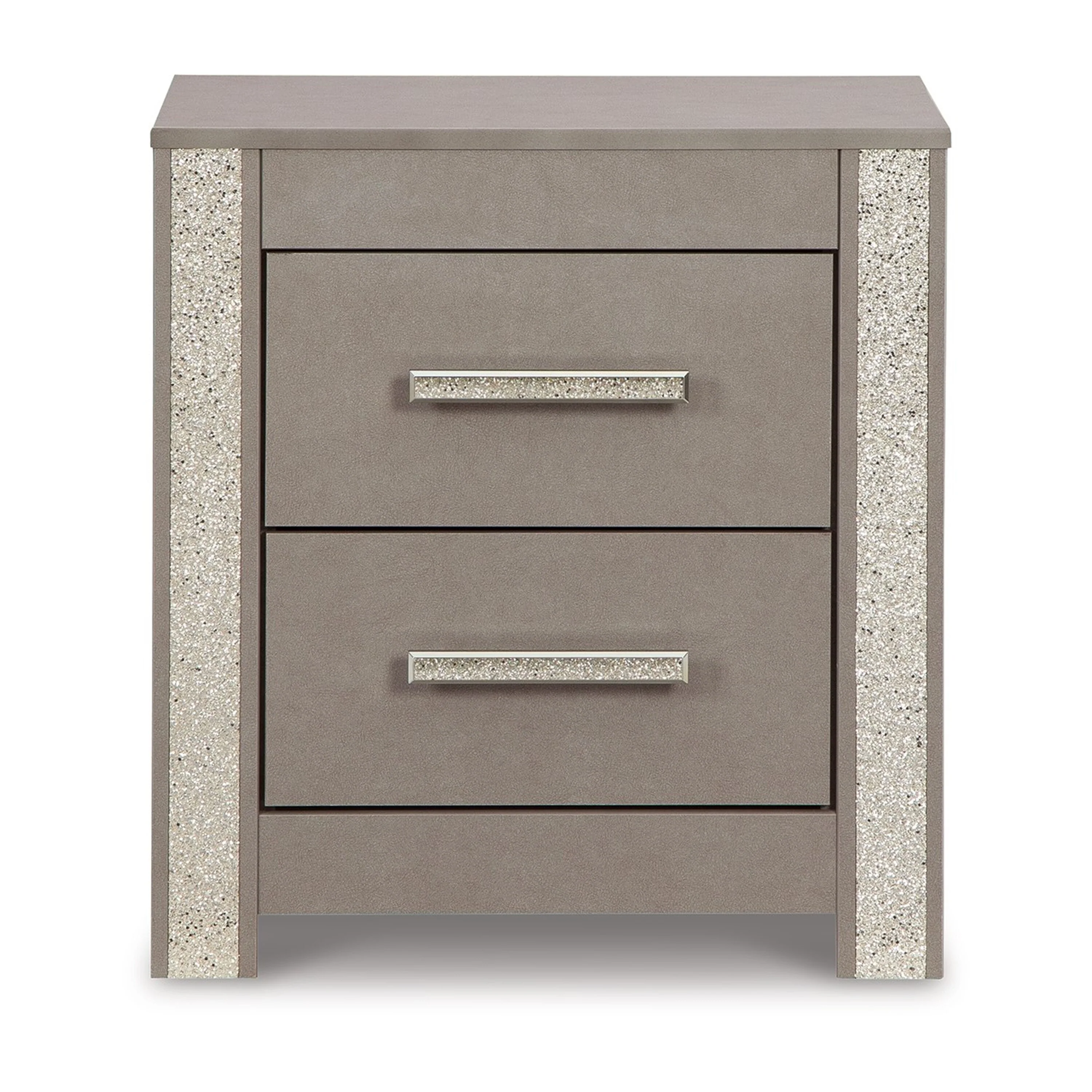 Urai Nightstand, 2 Drawers, 26 Inch, Neutral Gray, Champagne Chrome