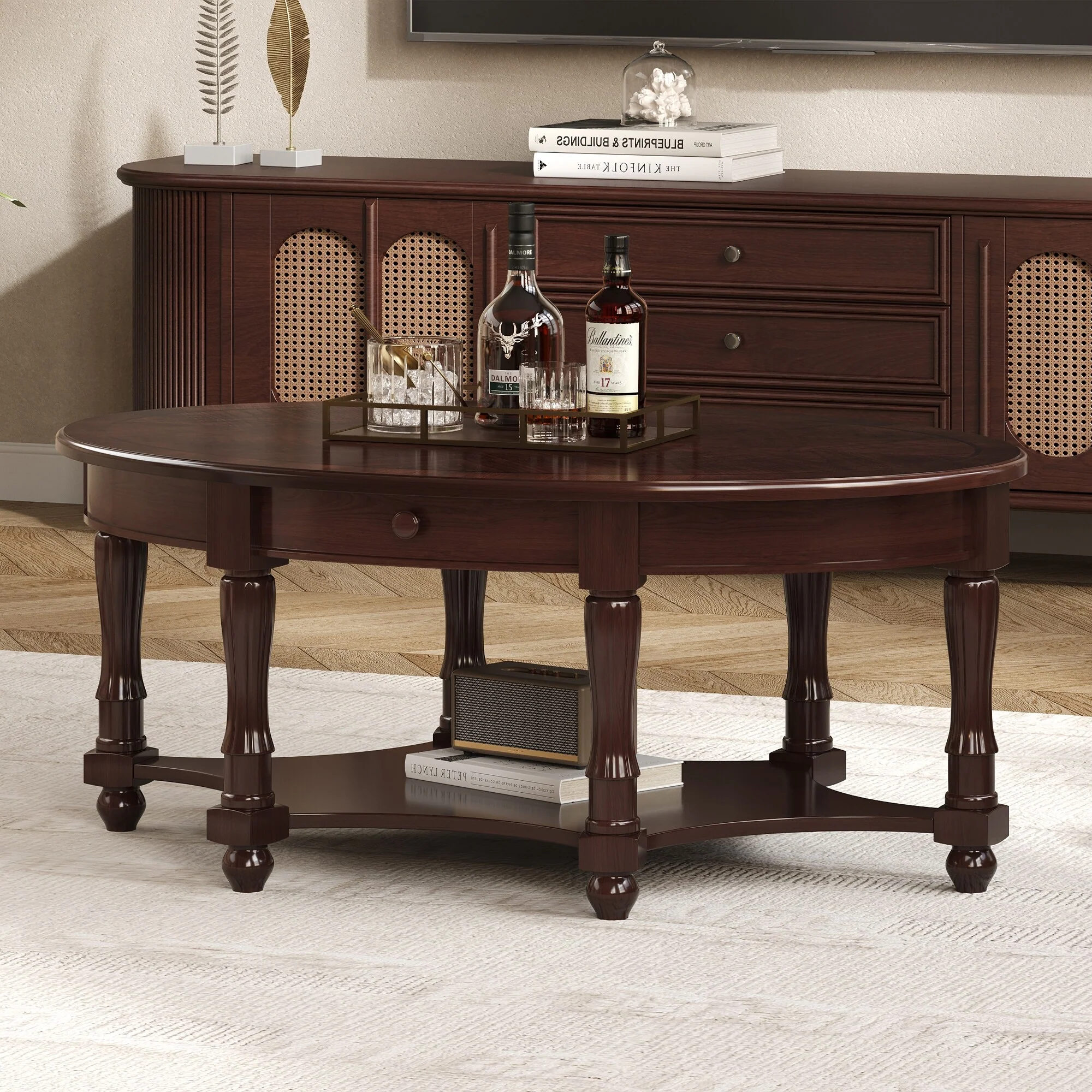 45'' Vintage Oval Coffee Table With Drawer And Storage Shelf, Cocktail Table , Elegant Accent Table For Living Room.