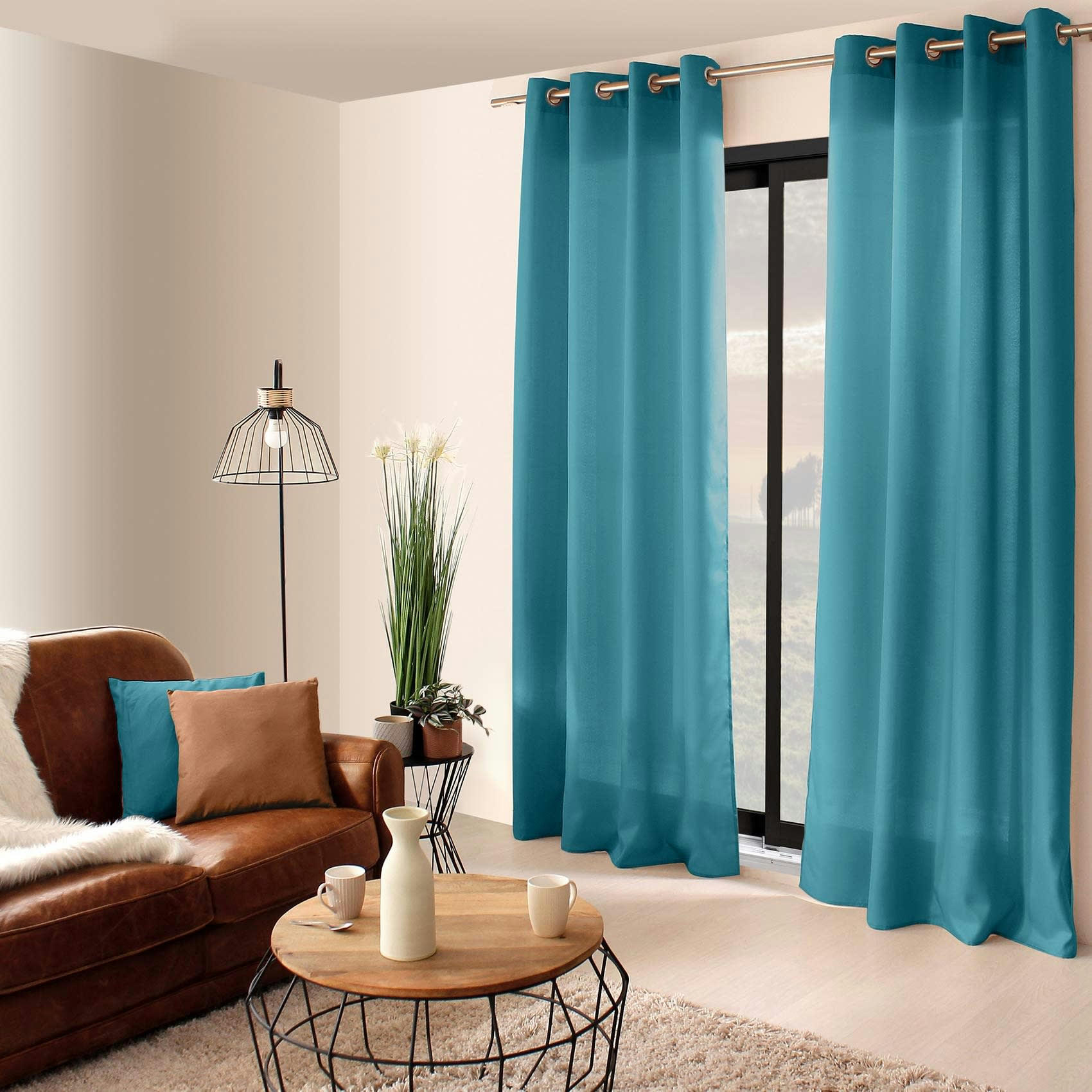 - Rideau uni à oeillets polyester bleu canard 140x240 cm