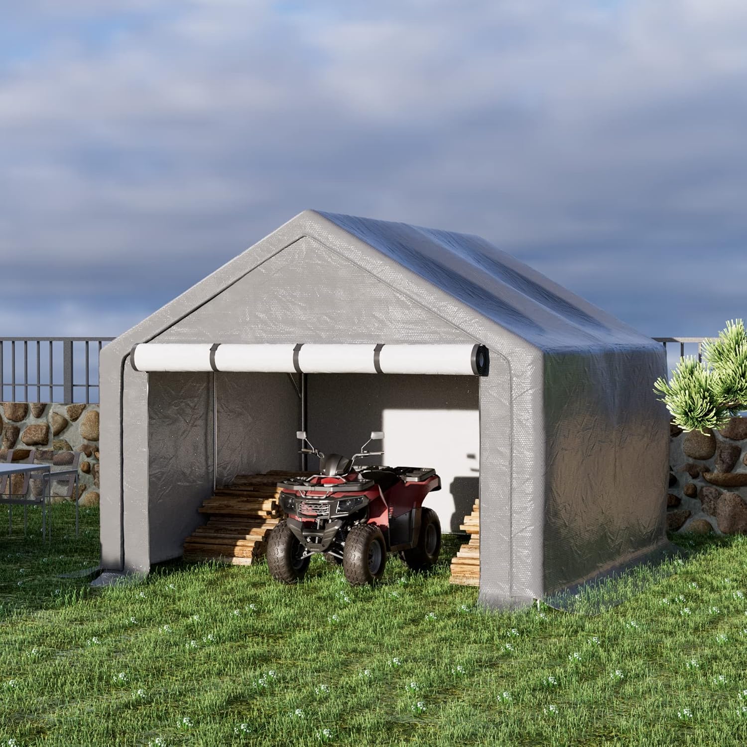 8x8 ft Outdoor Storage Shelter with Zipper Door, Portable Garages Shelters, Waterproof and UV Resistant Carport Shed for Bicycle, Motorcycle ATV, Lawn Mowers (8x8 FT)