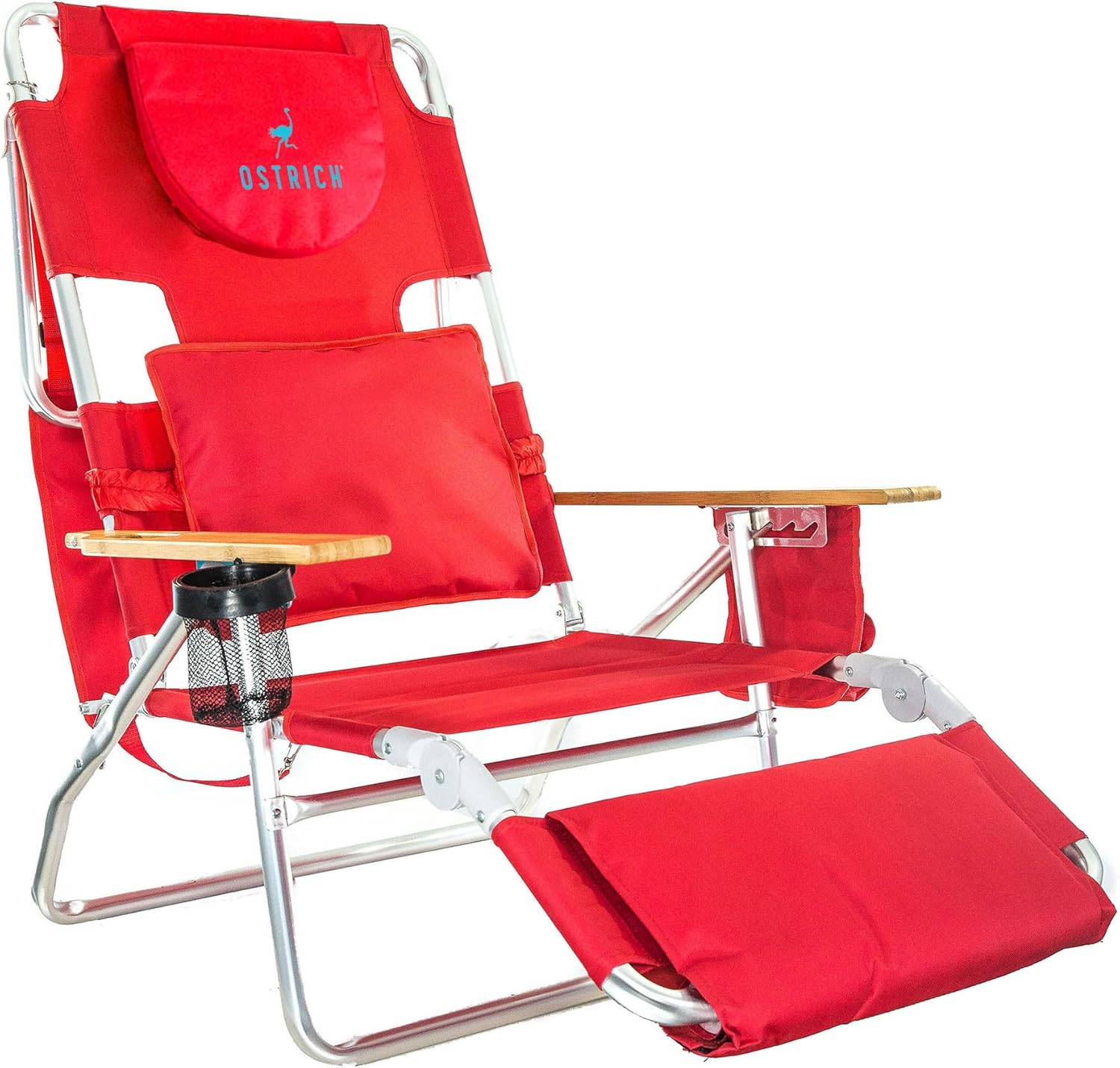 Ostrich the Deluxe 3N1 Lightweight Lawn Beach Reclining Lounge Chair with Footrest, Outdoor Furniture for Patio, Balcony, Backyard, or Porch, Red