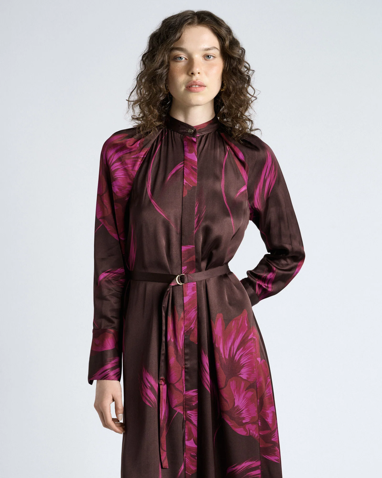 Chocolate Oversized Floral Belted Midi Dress