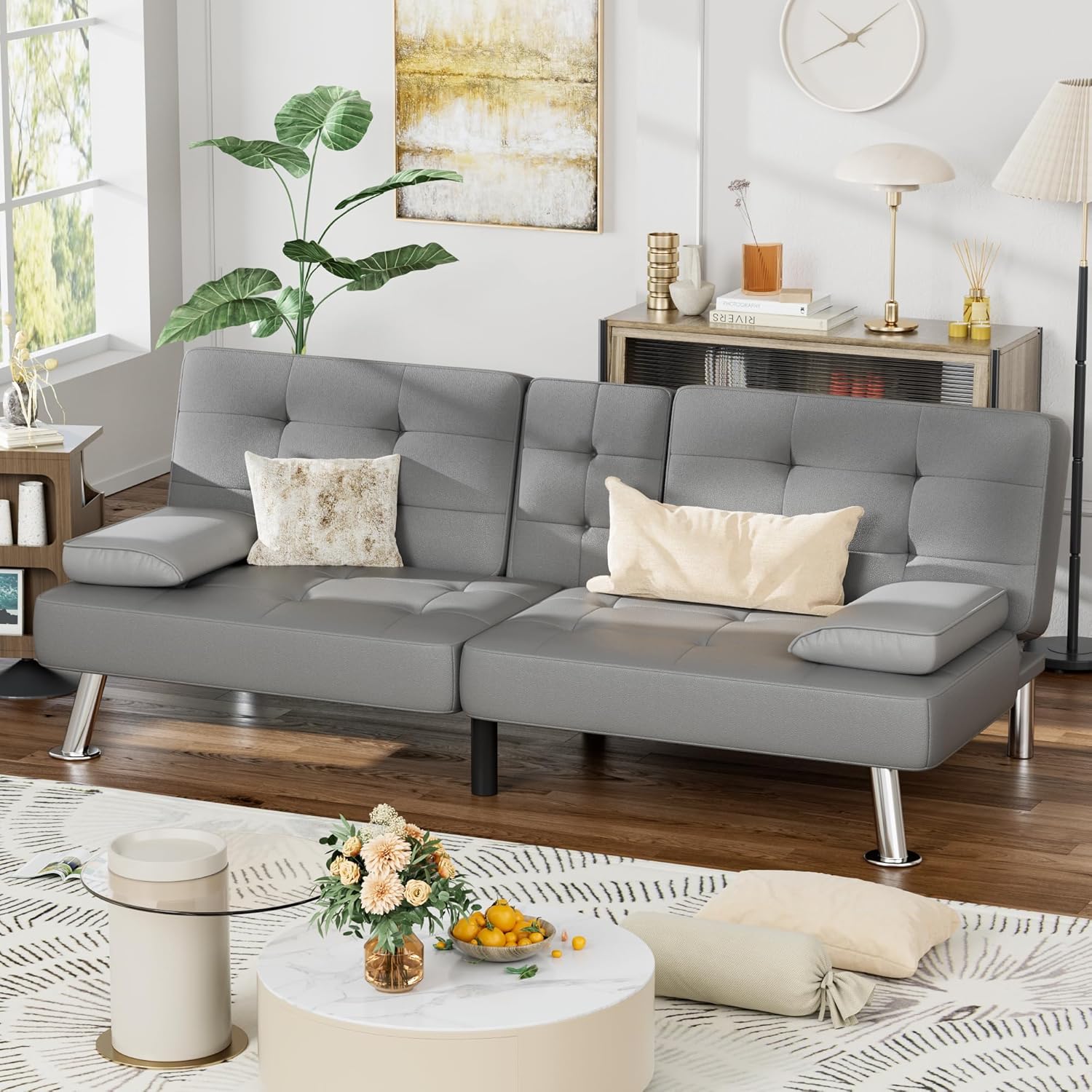 Homall Futon Sofa Bed, Leather Futon Couch with Removable Armrests, Adjustable Recliner Sleeper Sofa Bed with Dual Cup Holders for Living Room, Apartment, Office (Gray)