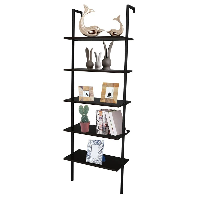 5-Tier Industrial Wood Ladder Bookcase with Metal Frame