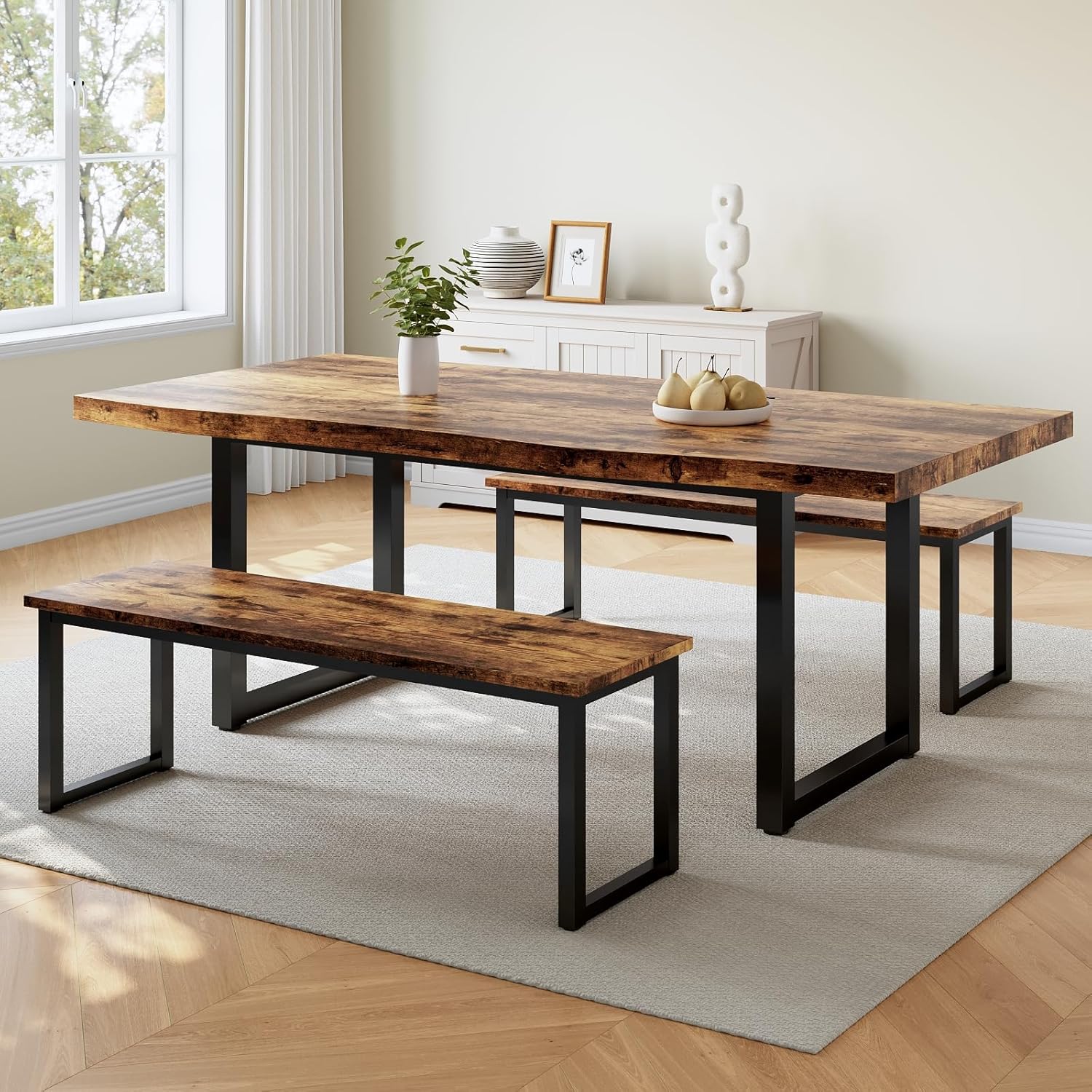 63 Dining Table with 2 Benches, Modern Kitchen Table and Chairs Set for 4 to 6 Persons, Thickened MDF Wooden Table for Dining Room, Kitchen