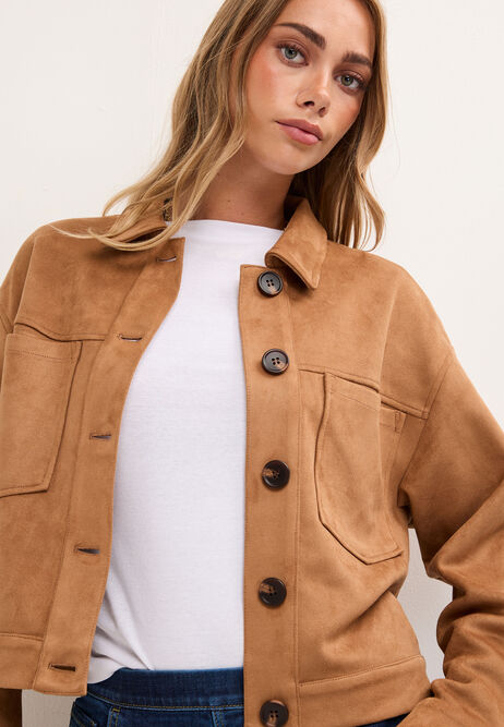 Womens Brown Faux Suede Button Up Jacket