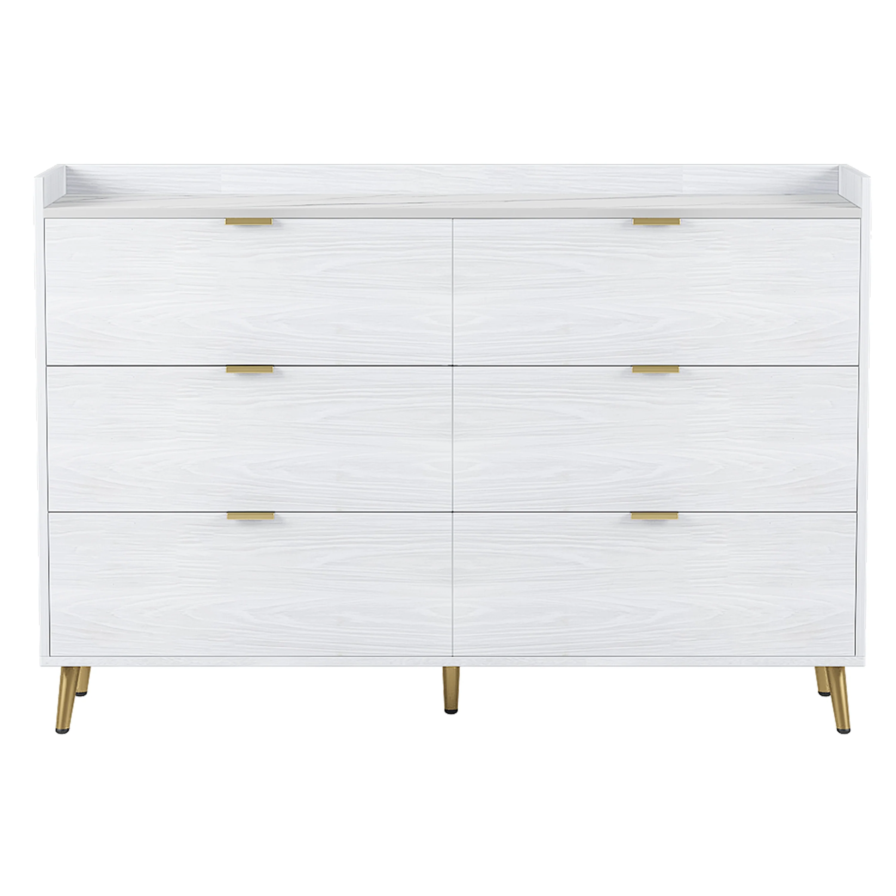 Long 6 Drawer Dresser with Marbling Worktop, Mordern Storage Cabinet with Metal Leg and Handle for Bedroom