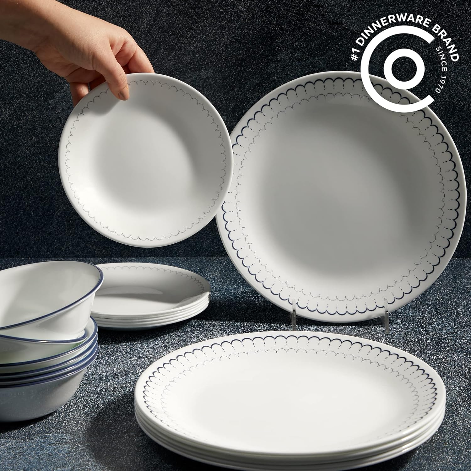 Corelle 18-Piece Dinnerware Set Service for 6, Lightweight Round Plates and Bowls Set, Vitrelle Triple Layer Glass, Chip Resistant, Microwave and Dishwasher Safe, Caspian