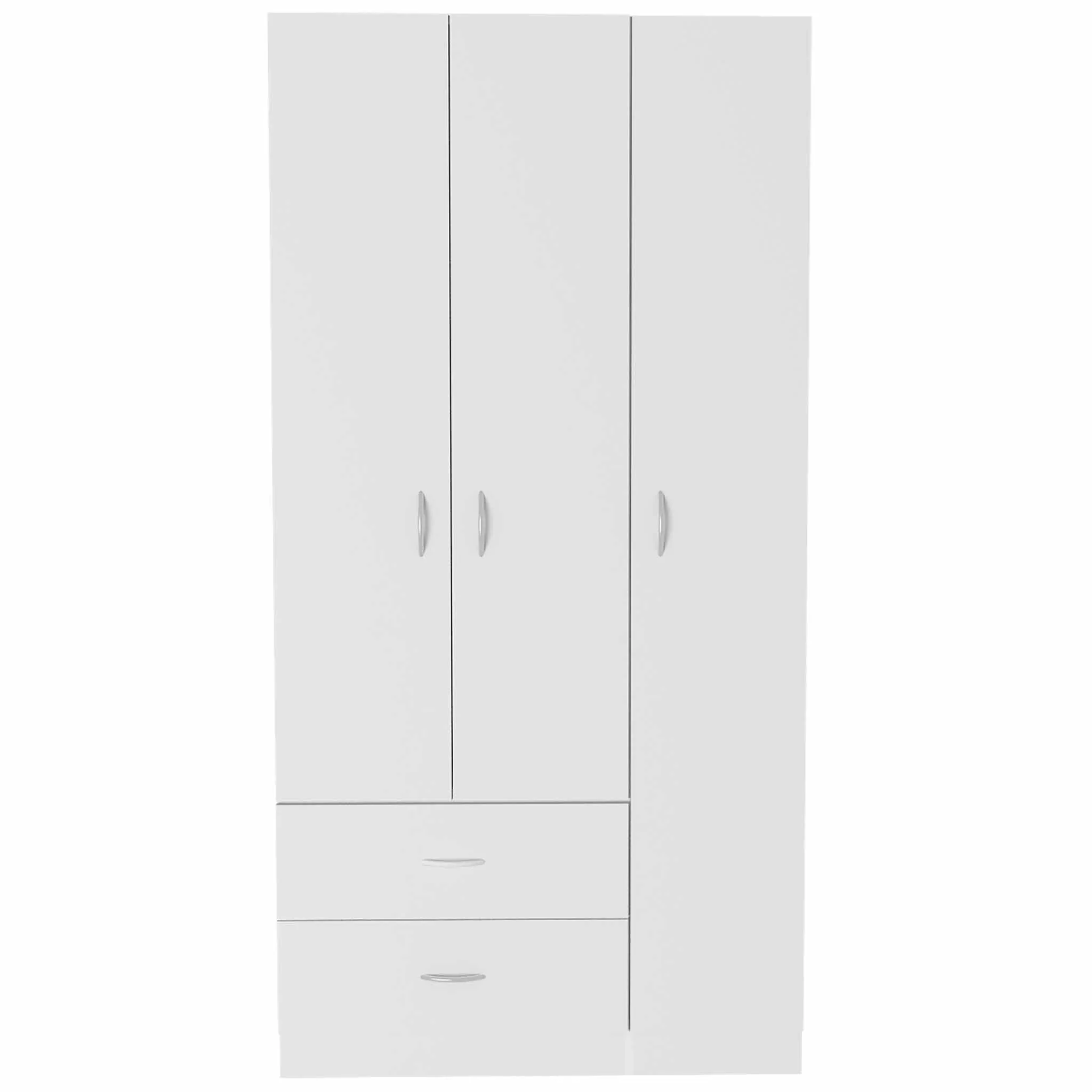35.4 Modern Three-door Armoire with Hanging Rod, Two Drawers and Five Differently Sized Shelves