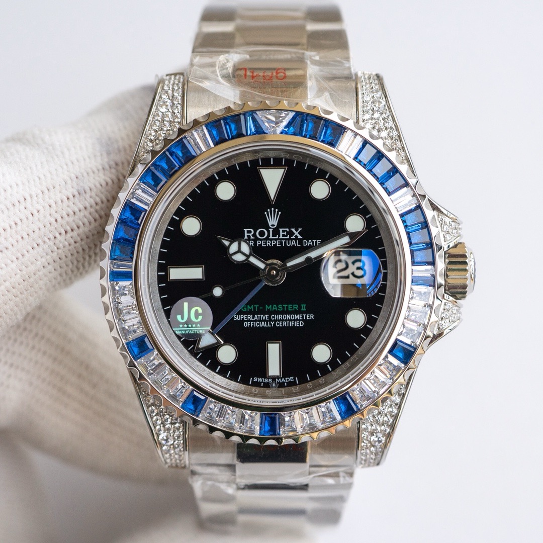 -Rolex GMT-Master II 18K White Gold Gem-Set Bezel and Case Watch -11