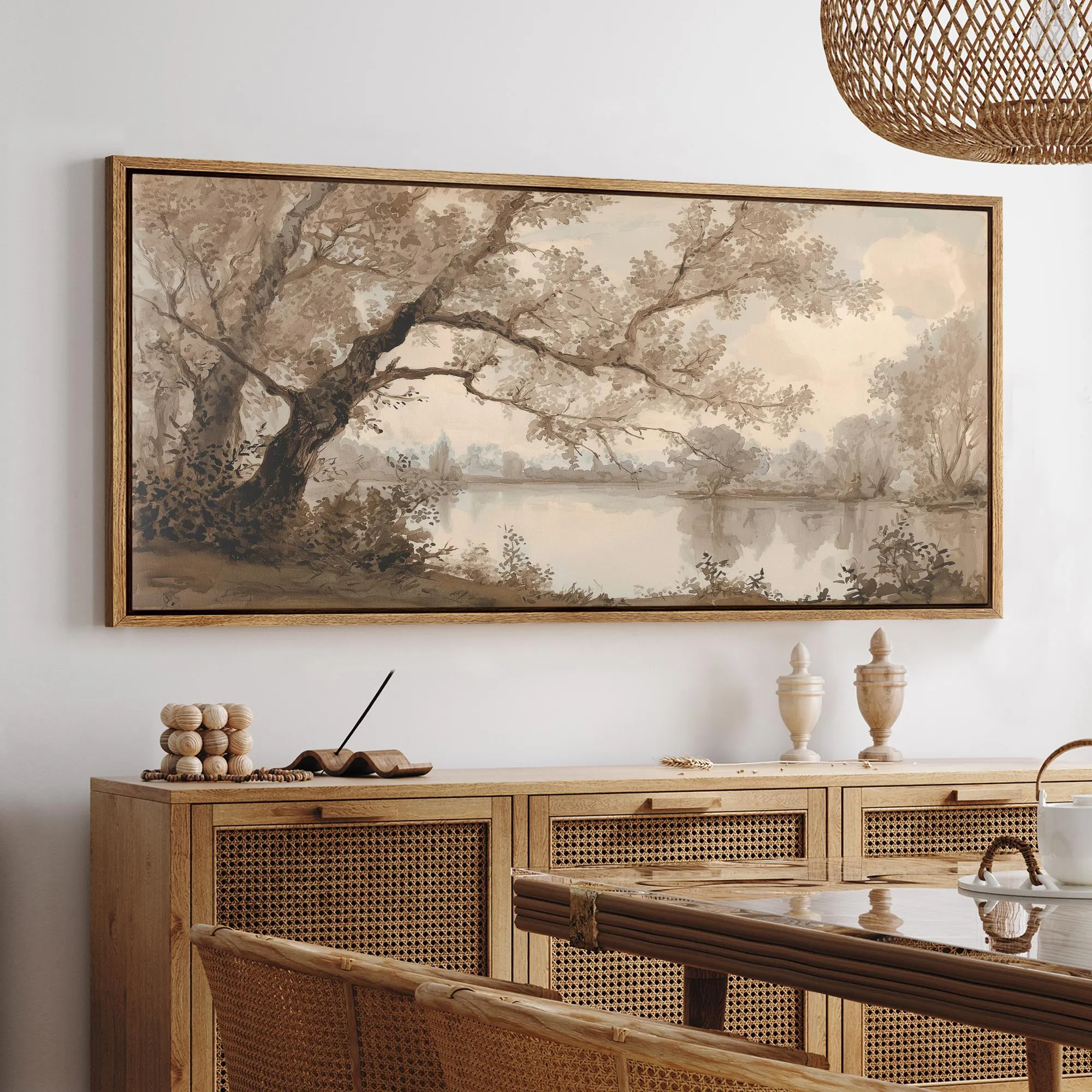 Large Framed Neutral Sepia Beige Landscape Wall Art, Vintage Tree Lake Scenery Canvas Print, Calm Horizontal Decor for Living Room
