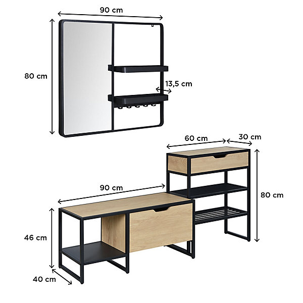 Meuble d'entrée en métal noir et bois 5 patères et range chaussures l. 150 cm Homesight Wilko