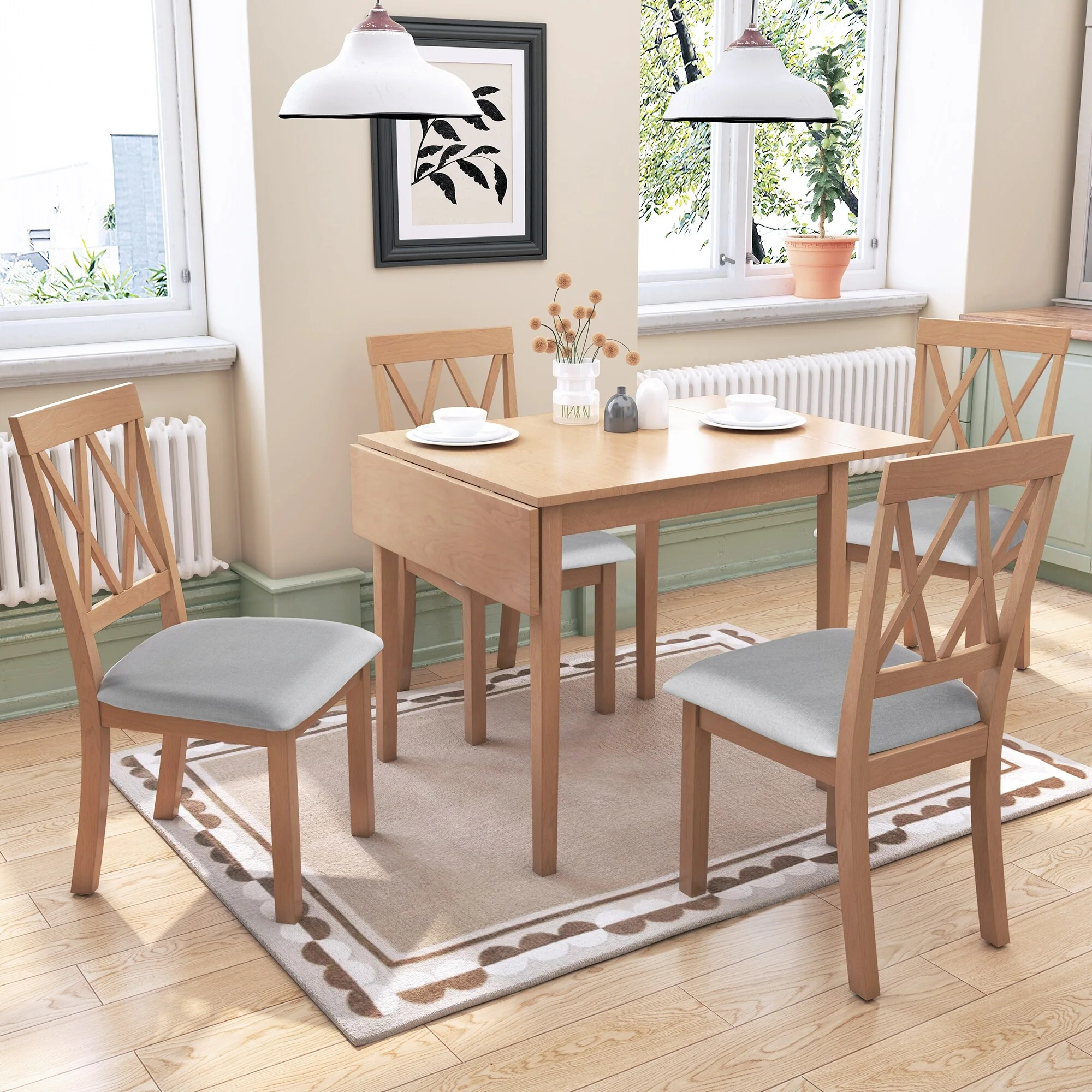 Foldable Dining Table Set, 5 Piece Extendable Dining Set with Drop Leaf Dining Table and 4 Dining Upholstered Chairs