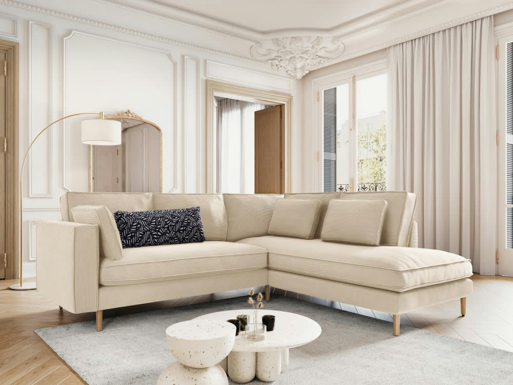ALEXIS - Canapé d'angle 5 places en tissu structuré beige clair