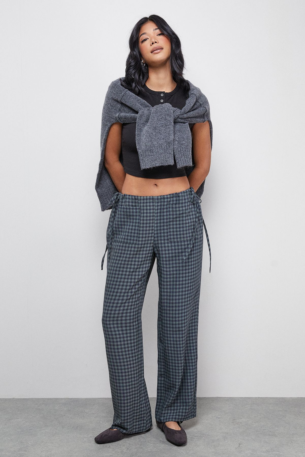 Warehouse Green Check Mid Rise Tie Side Pocket Trouser