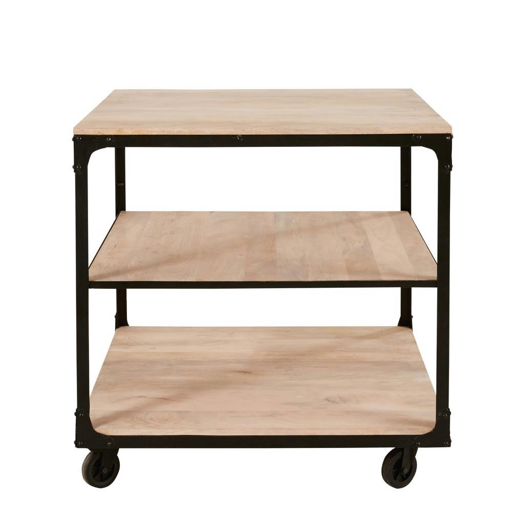 Shop Business - Podium à roulettes industriel en bois de manguier et métal noir