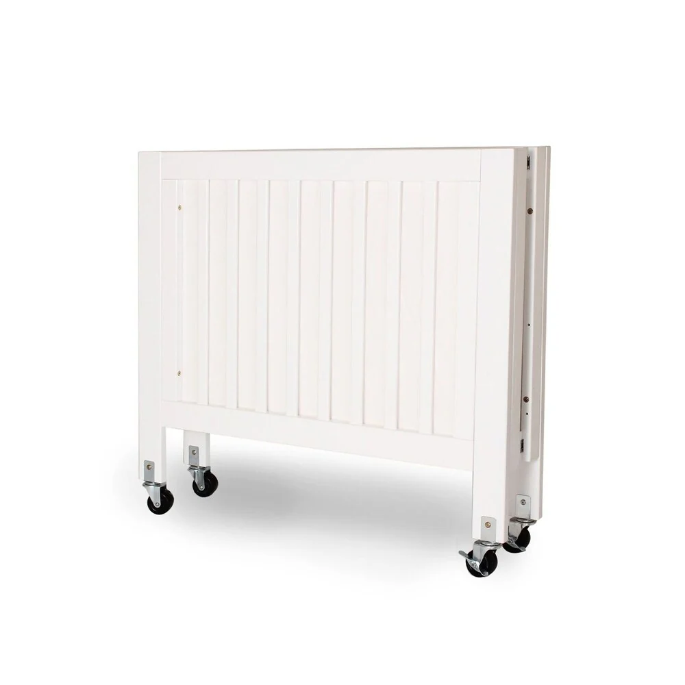 Slatted Wooden Crib with Folding Mechanism and Casters Support, White