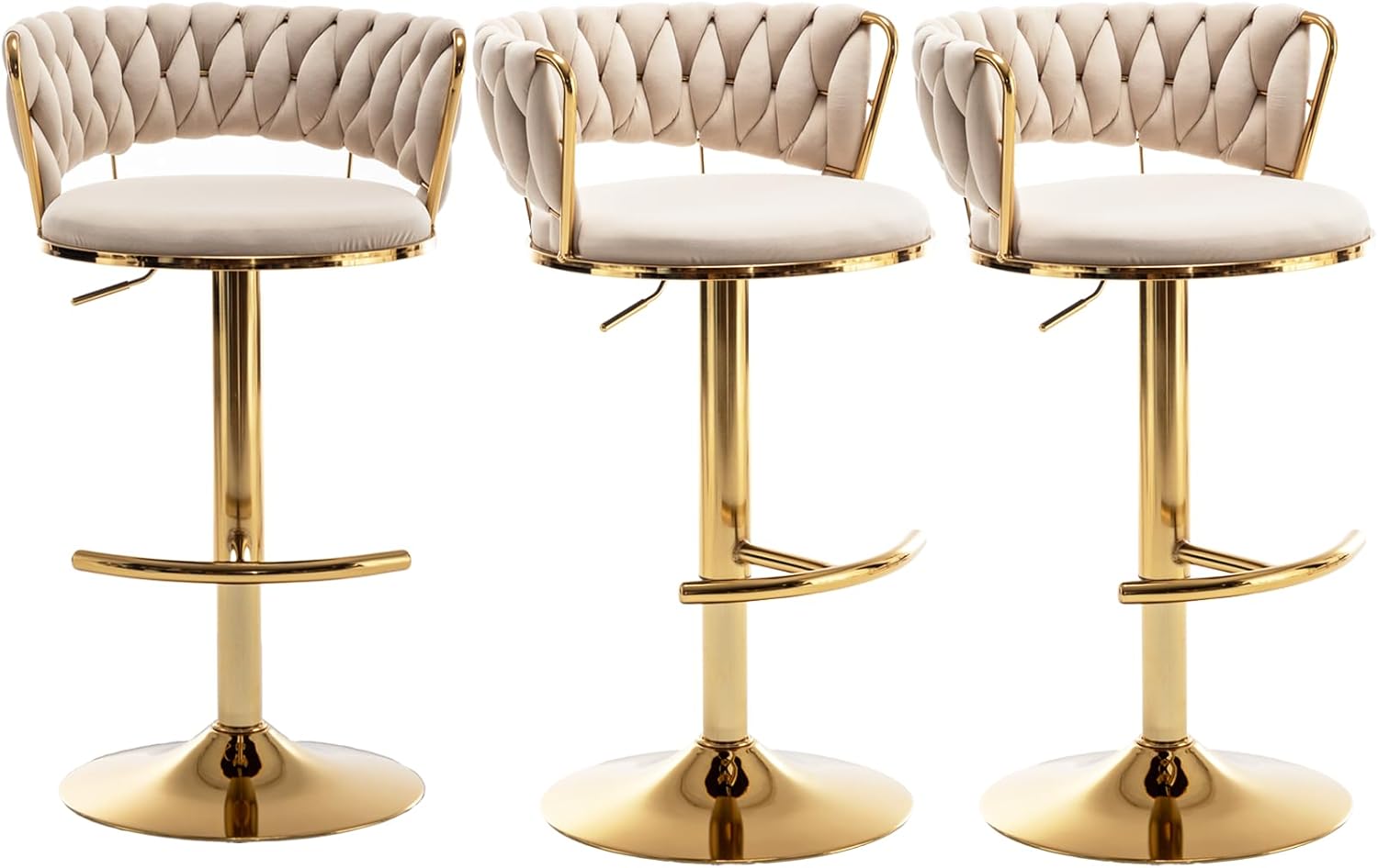 Gold Bar Stools Set of 3, Counter Height Bar Chairs with Low Back, Velvet Adjustable Height Barstools, 360° Swivel Bar Stools for Kitchen Island, Pub (Beige)