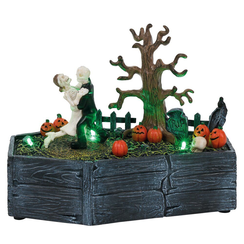 Village animé Halloween cerceuil avec couple squelette dansant H18,5cm