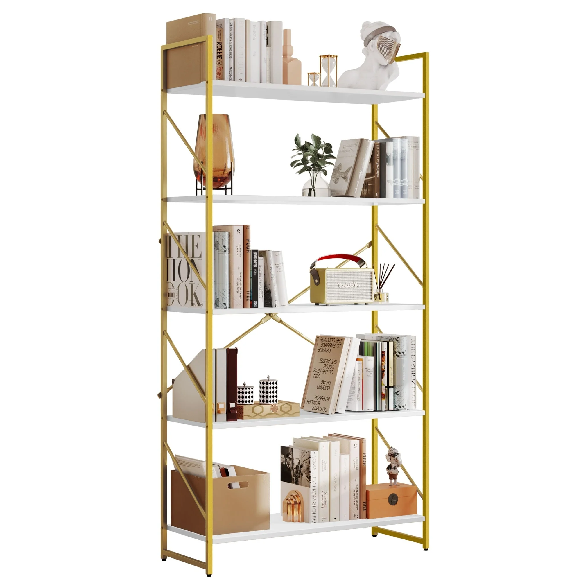 5 Tiers Wood Gold Bookshelf Modern Wide Bookcase Large Book Storage Rack White Gold