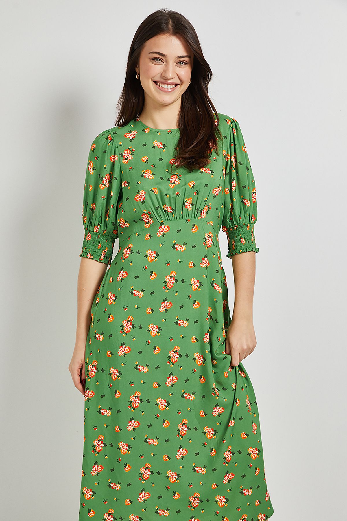 Dorothy Perkins Green Floral Shirred Cuff Midi Dress