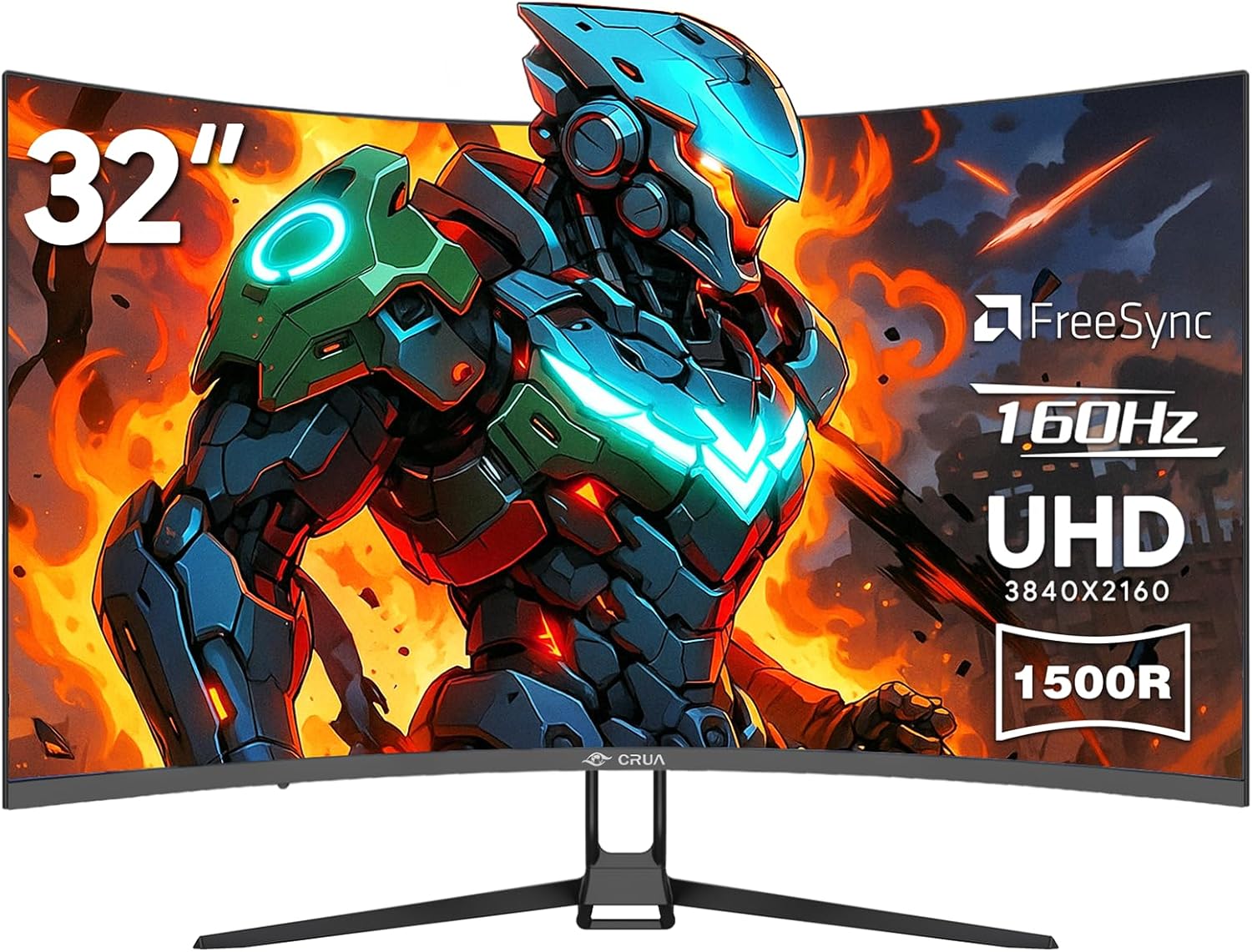CRUA 32 Curved Gaming Monitor  4k UHD(3840 * 2160P) VA Screen  1500R  144Hz/160Hz Computer Moniter  Supports AMD Freesync  120% sRGB  Built-in Speakers  Wall Mountable Installs(HDMI 2.1/DP 1.4)-Black