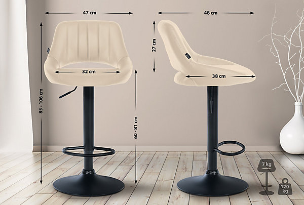 Lot de 2 tabourets de bar Milet similicuir, Chaise de bar pivotante avec repose-pieds et dossier Métalnoirmat/Crème