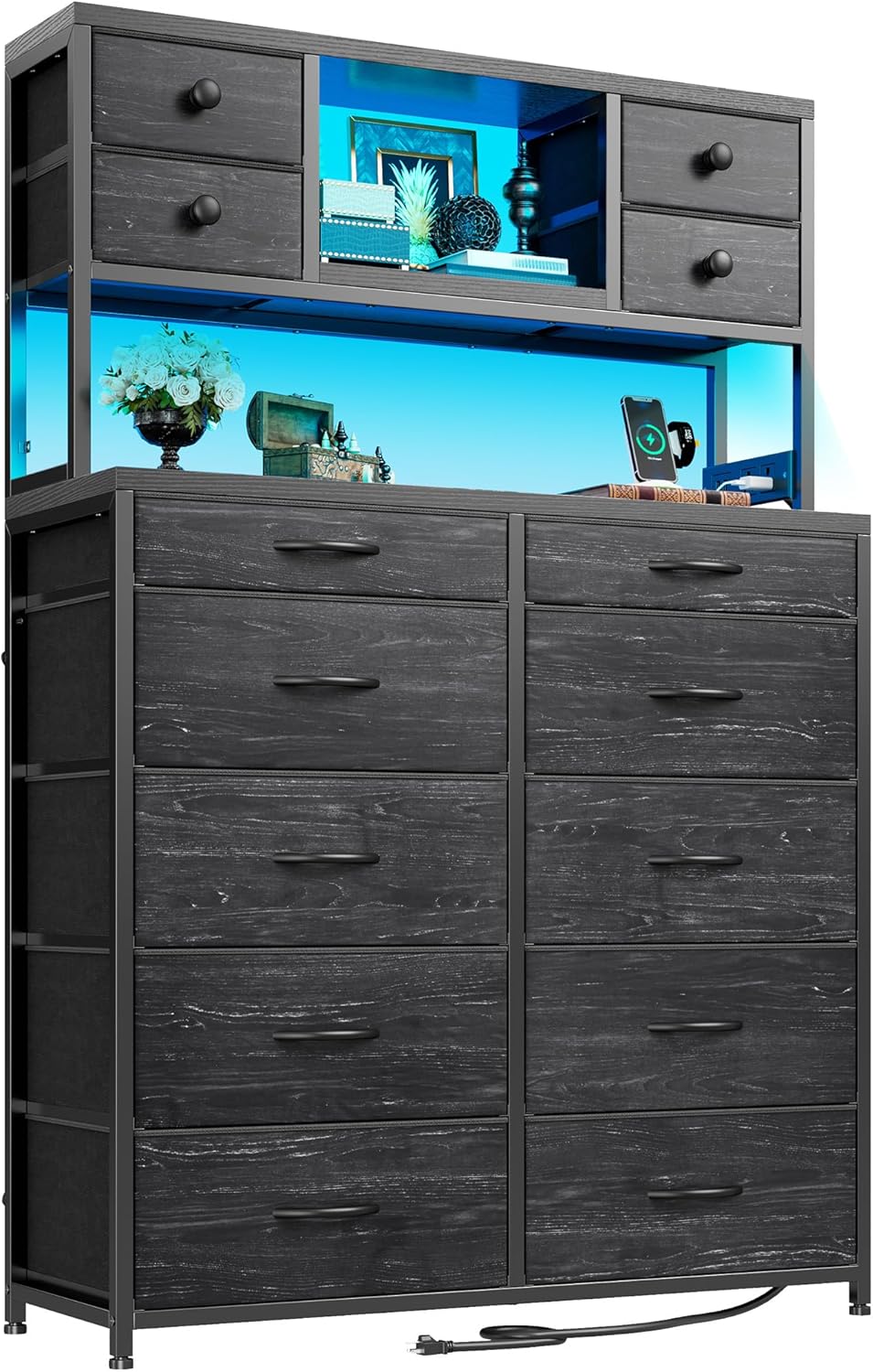 62“H Dresser for Bedroom with Large Drawers,Dressers & Chests of Drawers with LED Lights & Charging Station,Sturdy Bedroom Dresser with Open Storage Shelves, Wood Top,Steel Frame(Black)