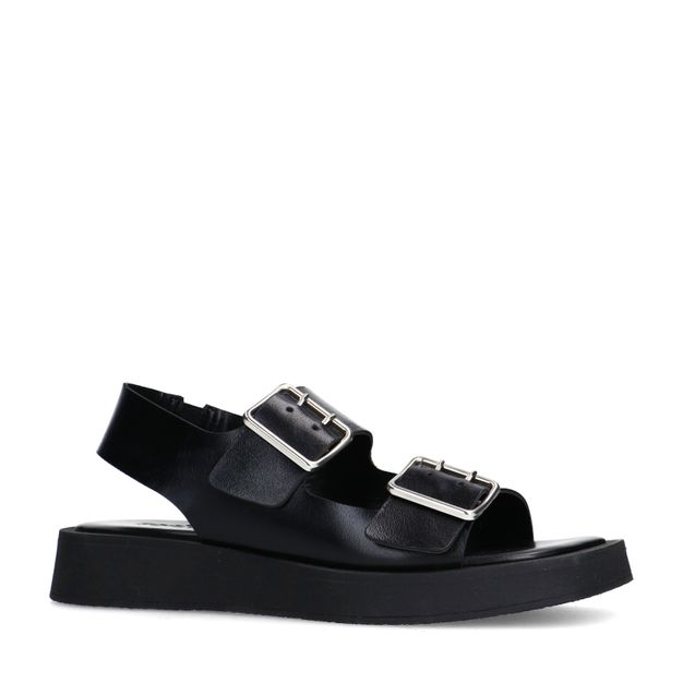 Zwarte leren plateau sandalen met zilverkleurige buckles